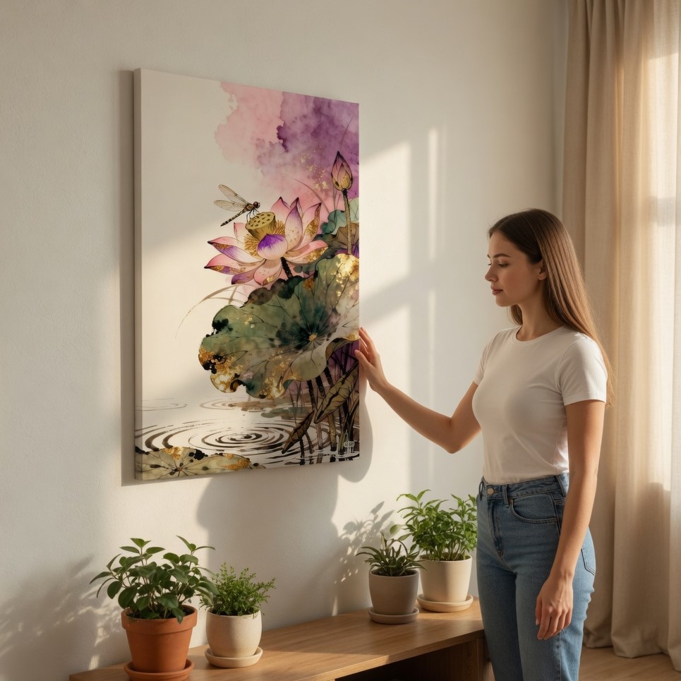 SAF Elegant Dragonfly and Lotus Flower Canvas Wall Art Pink Floral Watercolor Painting Print with Gold Accents Zen Botanical Decor for Living Room Bedroom Meditation Room Poster - Image 2