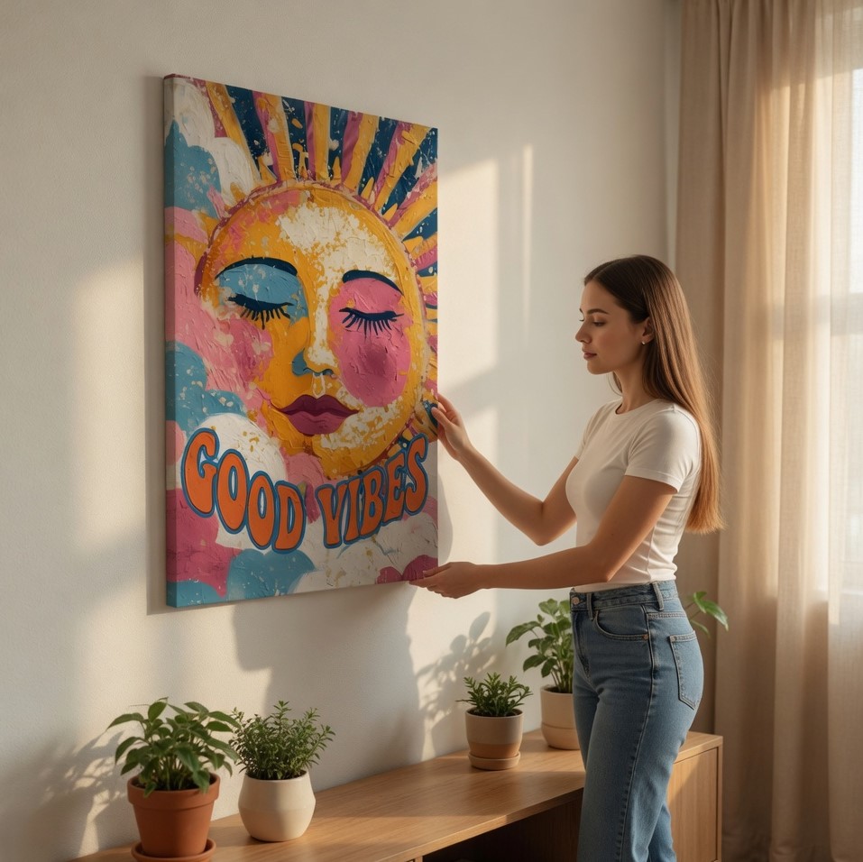 SAF Good Vibes Sun Canvas Wall Art Textured Abstract Celestial Face Painting Print Retro Boho Decor for Living Room Bedroom Colorful Positive Quote Poster Modern Home Artwork - Image 2