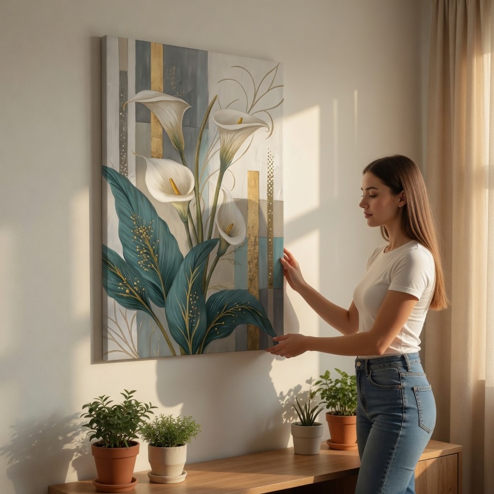 SAF Elegant White Calla Lily Canvas Wall Art Modern Abstract Floral Painting Print Teal and Gold Textured Decor for Living Room Bedroom Luxury Botanical Flower Scenery Poster - Image 2