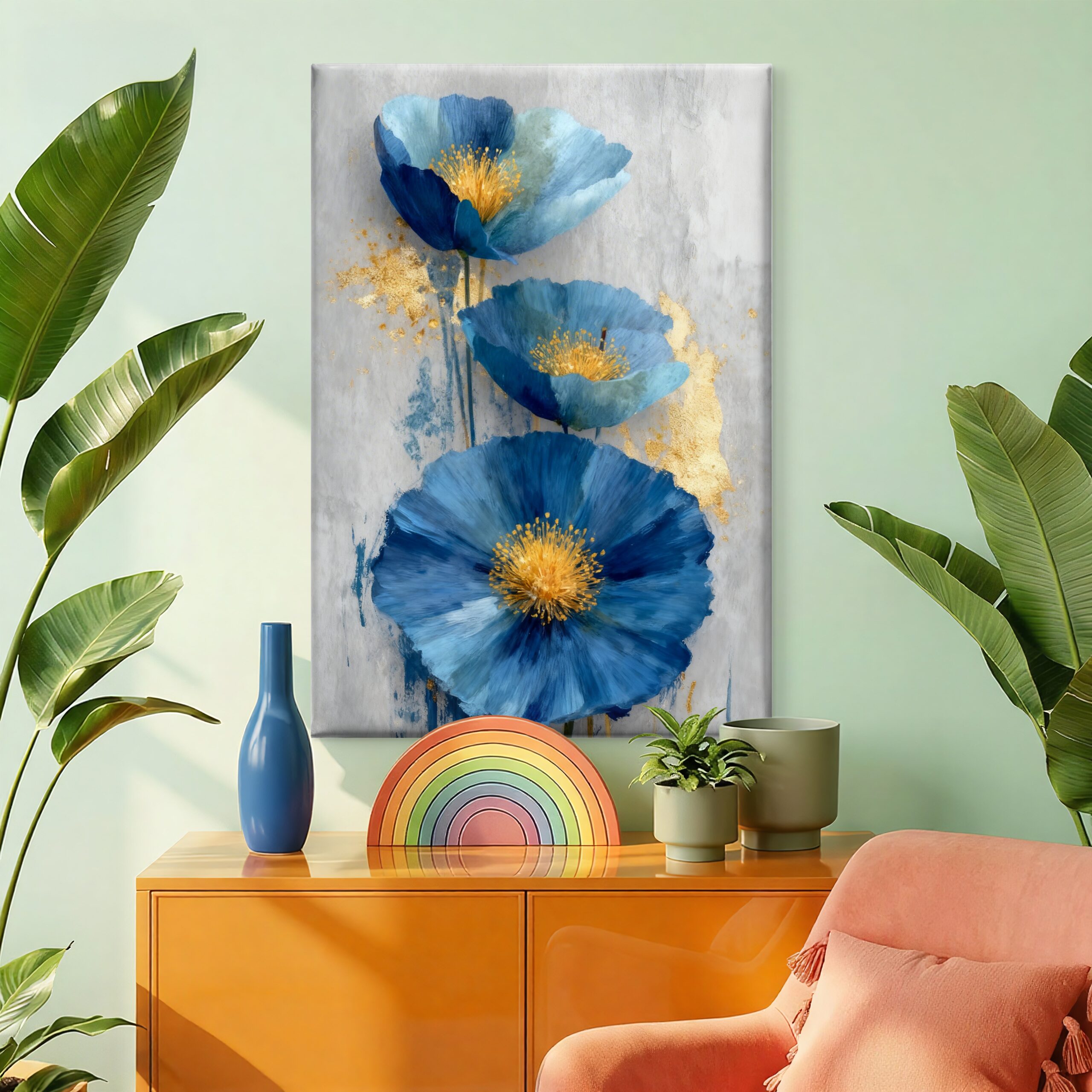 SAF Abstract Blue Poppy Canvas Wall Art Modern Floral Oil Painting Print Grey and Gold Textured Decor for Living Room Bedroom Large Botanical Flower Scenery Poster for Home - Image 2