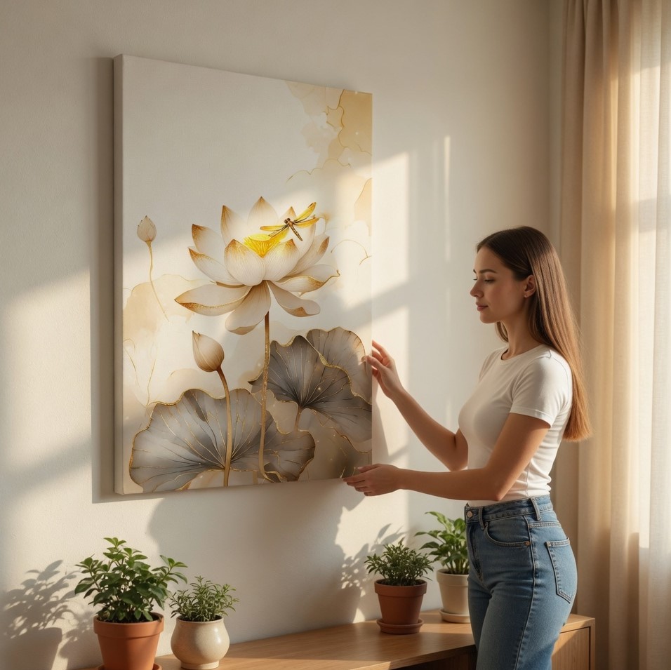 SAF Elegant White Lotus Flower Canvas Wall Art Gold Dragonfly Zen Botanical Painting Print Luxury 3D Textured Floral Decor for Living Room Bedroom Office Room Large Poster - Image 2