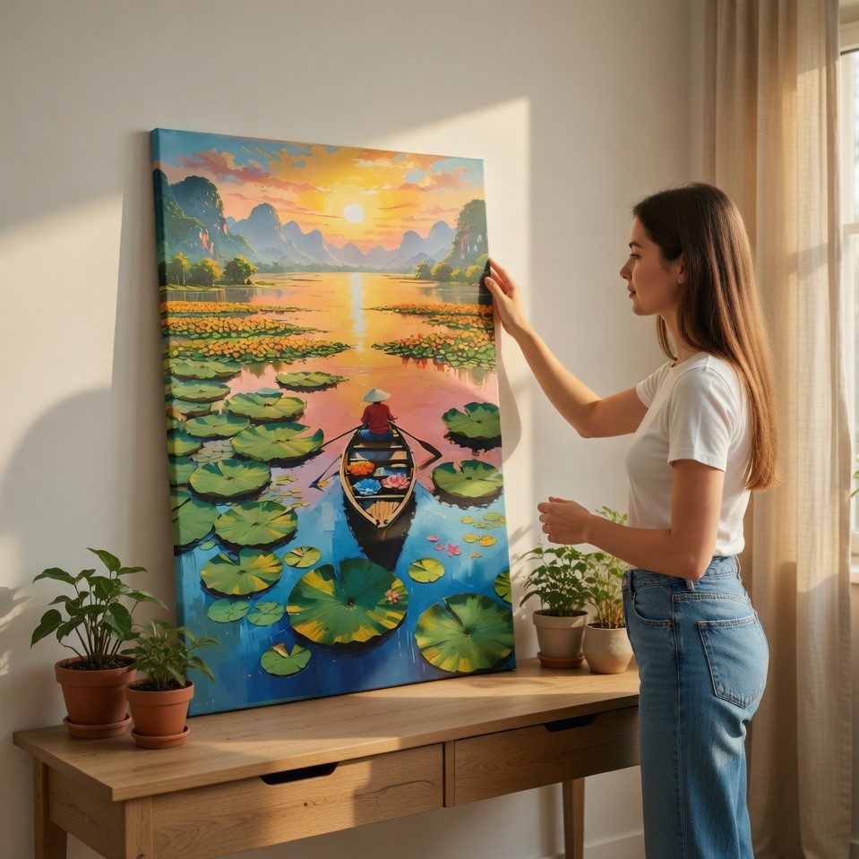 SAF Sunset Lake Boat Canvas Wall Painting | Lotus Pond Landscape Artwork HD Printed Canvas with Wooden Frame | Living Room Bedroom Aesthetic Nature Home Decor Gift - Image 2