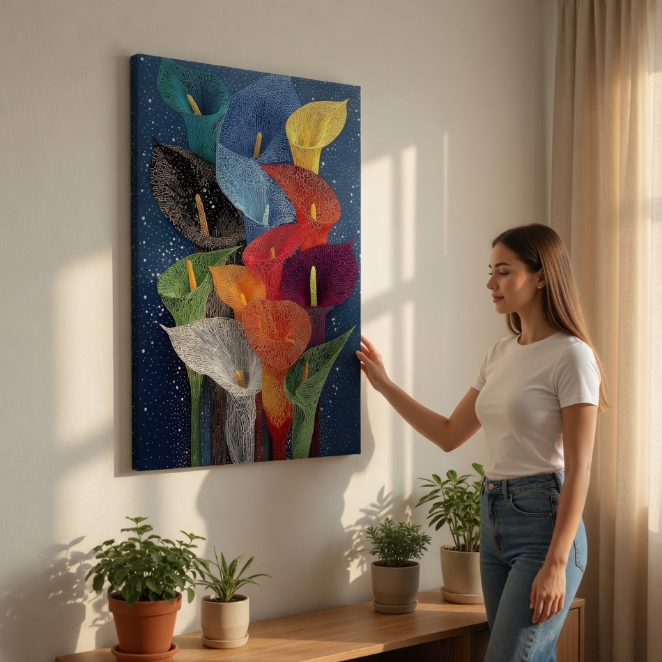 SAF Colorful Abstract Calla Lily Canvas Wall Art Vibrant Floral Mosaic Painting Print Dark Blue Botanical Decor for Living Room Bedroom Office Modern Aesthetic Poster - Image 2
