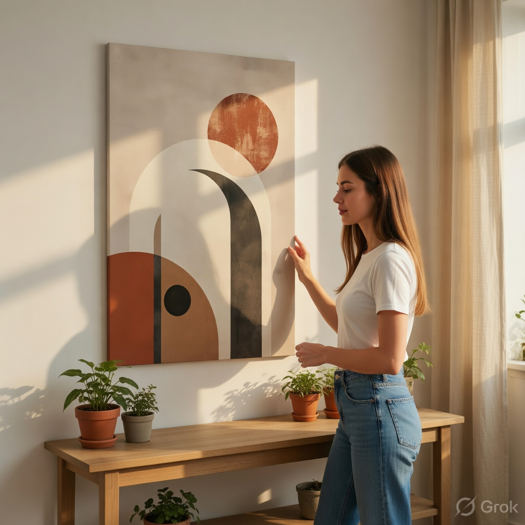 SAF Abstract Boho Geometric Canvas Wall Art - Mid Century Minimalist Terracotta & Beige Painting Print for Living Room, Bedroom & Office Home Decor - Image 2