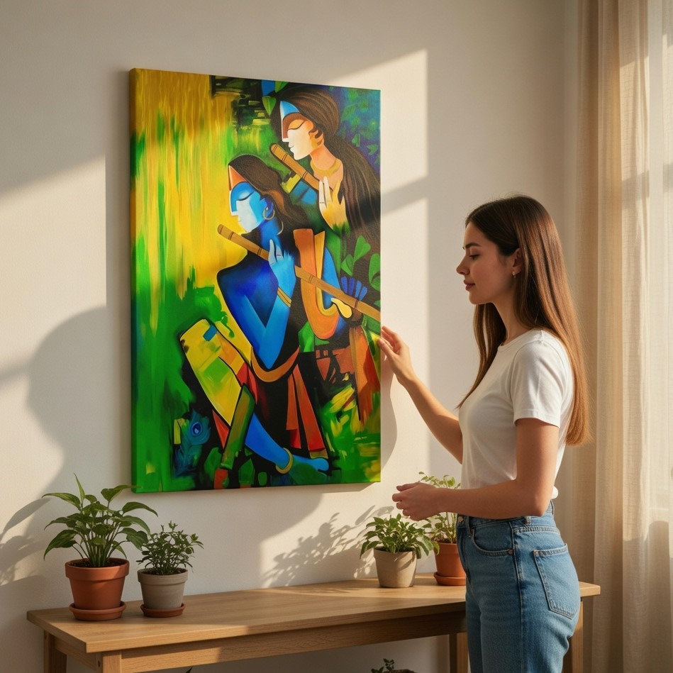 SAF Vibrant Abstract Radha Krishna Playing Flute Canvas Wall Art Modern Hindu Deity Painting Print for Living Room Bedroom Puja Room Home Decor Religious Wall Hanging Gift - Image 2