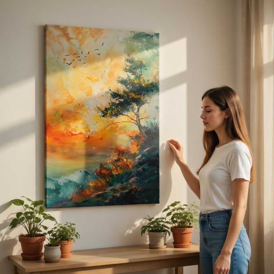 SAF Abstract Landscape Canvas Wall Art Textured Sunset Mountain Tree Scenery Oil Painting Print Modern Nature Decor for Living Room Bedroom Office Home Interior Large Wall Hanging - Image 2