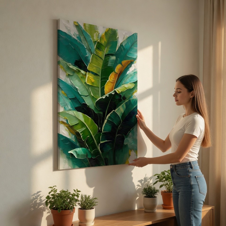 SAF Textured Tropical Banana Leaf Canvas Wall Art Emerald Green Palm Botanical Painting Print Modern Coastal Aesthetic Home Decor for Living Room Bedroom Office Large Poster - Image 2