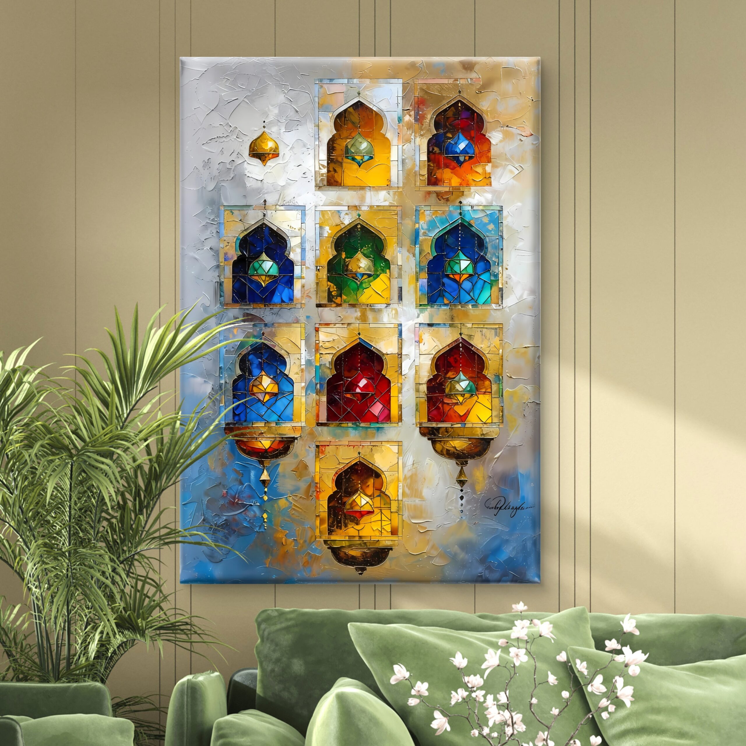 SAF Colorful Moroccan Arch Canvas Wall Art Stained Glass Window Islamic Painting Print Textured Faux Impasto Bohemian Decor for Living Room Bedroom Office Ethnic Poster - Image 3