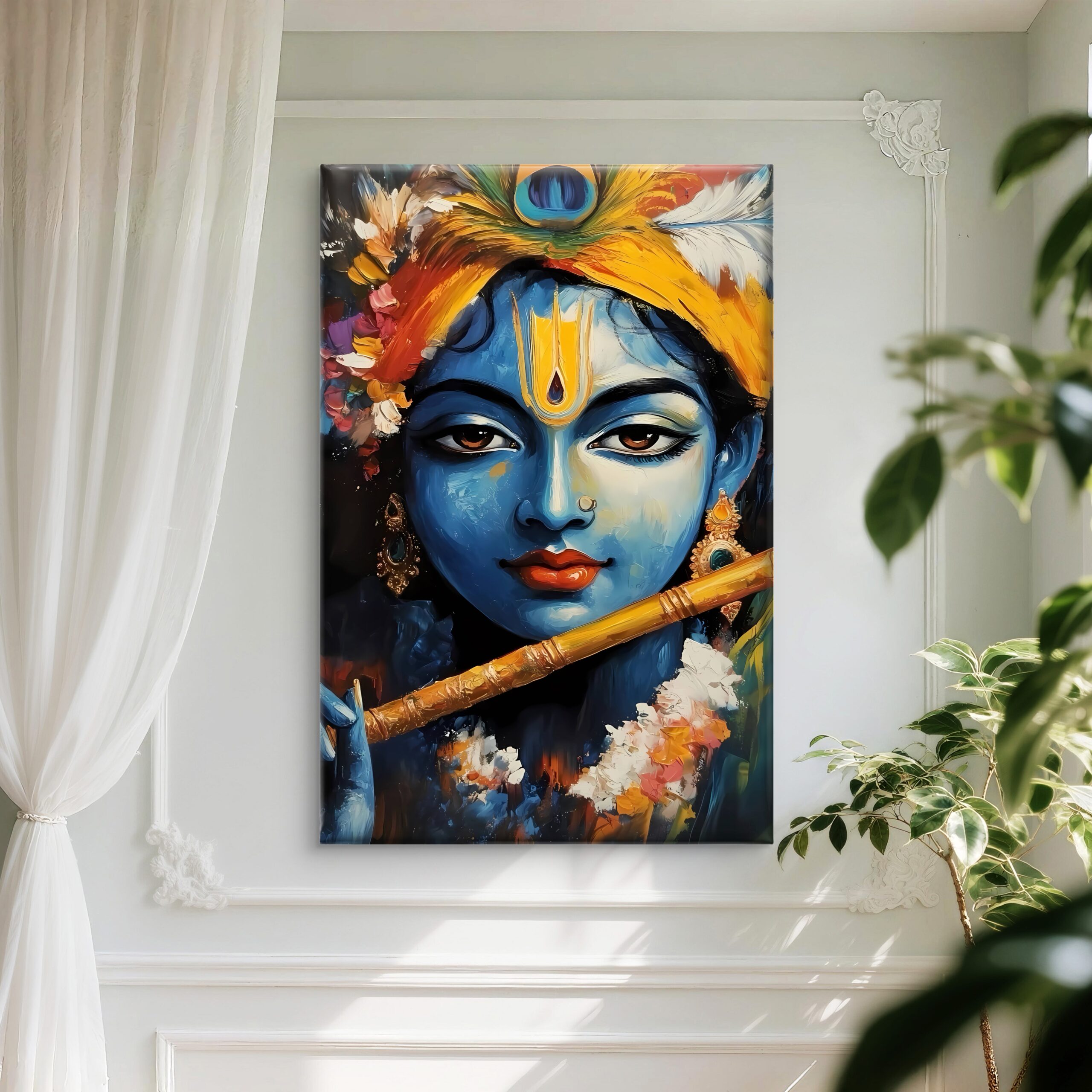 SAF Exquisite Lord Krishna Portrait Canvas Wall Art Playing Flute Abstract Oil Painting Print Modern Hindu Deity Religious Decor for Living Room Bedroom & Puja Room - Image 3