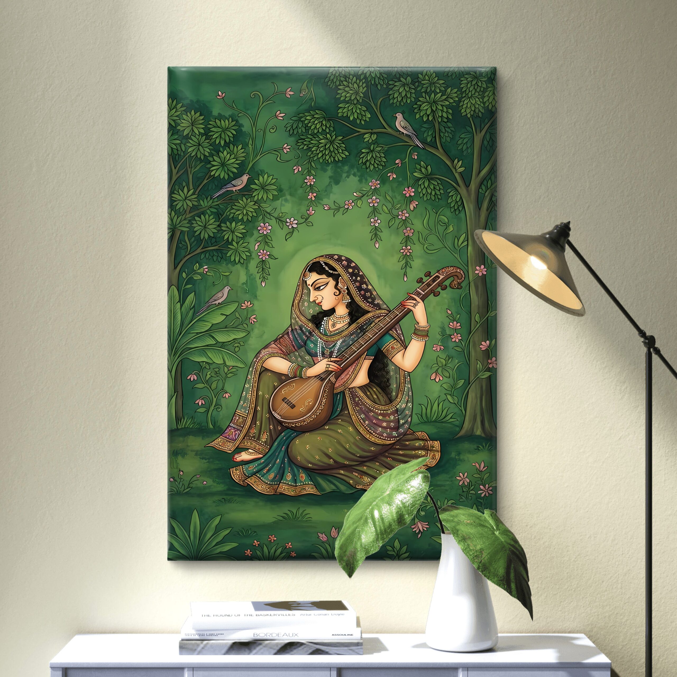 SAF Traditional Indian Musician Playing Veena Canvas Wall Art Rajasthani Style Painting Print Ethnic Home Decor for Living Room Bedroom Vintage Green Nature Poster - Image 3
