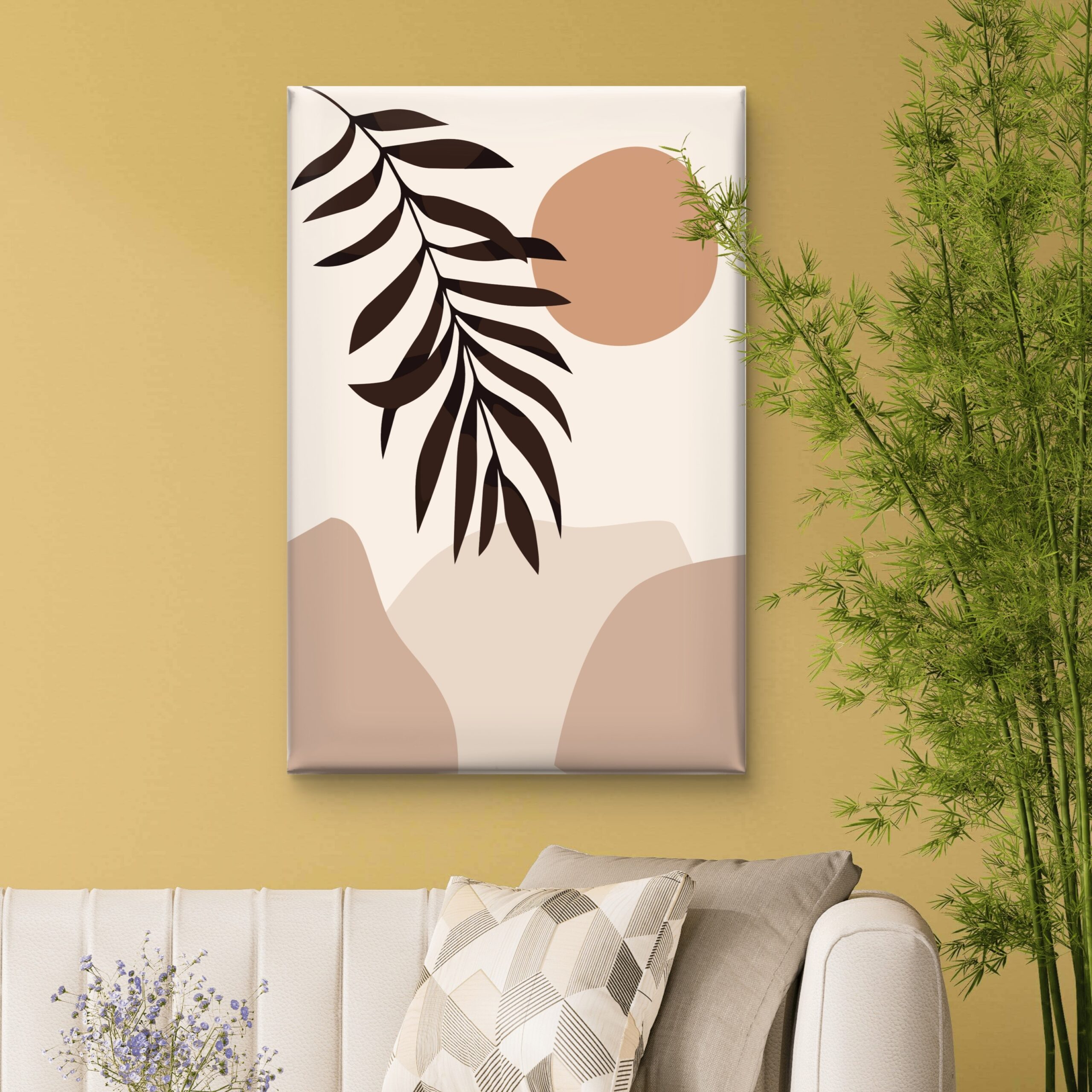 SAF Boho Minimalist Botanical Canvas Wall Art Abstract Sun & Palm Leaf Neutral Earth Tone Landscape Painting Print Mid Century Modern Decor for Living Room Bedroom Office - Image 3