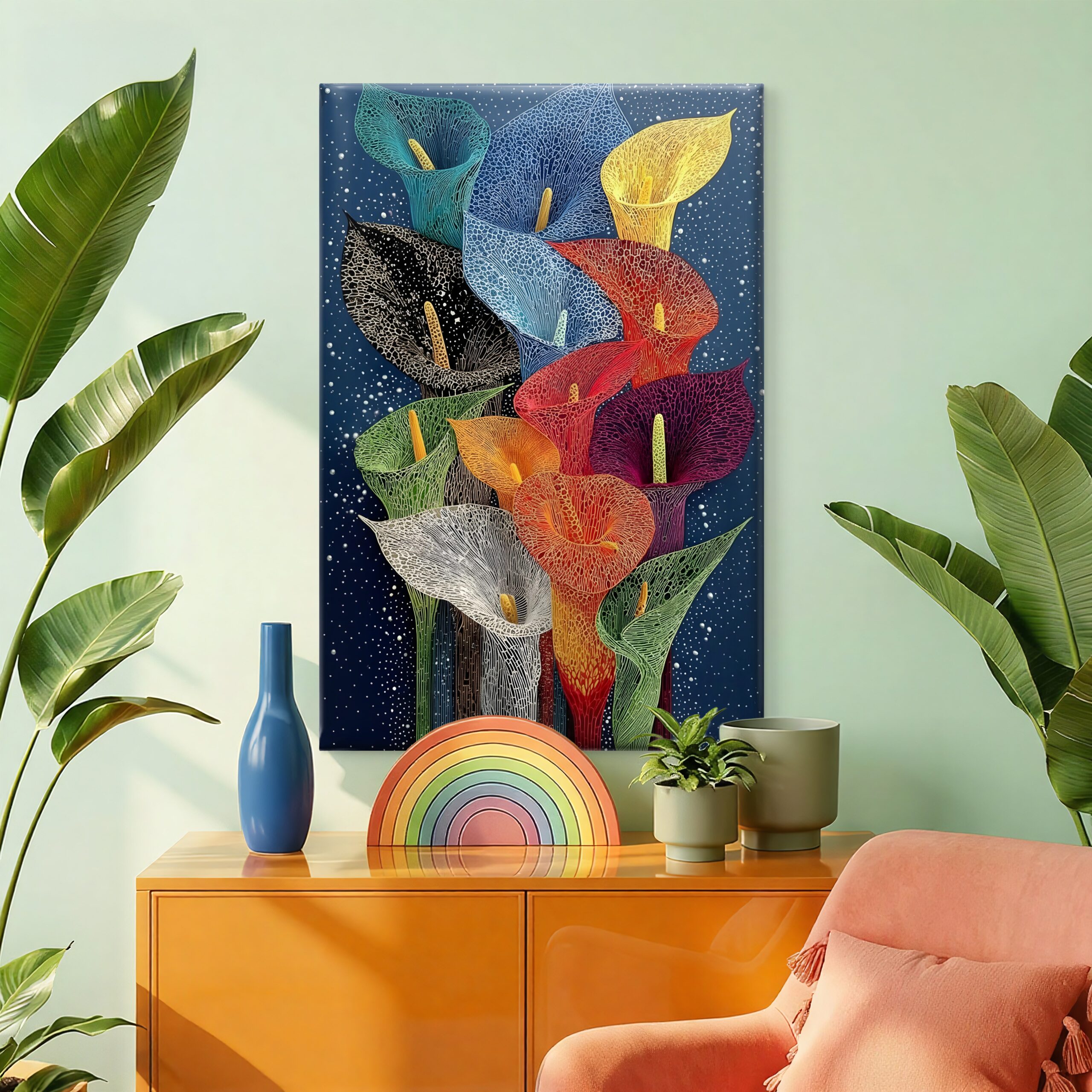 SAF Colorful Abstract Calla Lily Canvas Wall Art Vibrant Floral Mosaic Painting Print Dark Blue Botanical Decor for Living Room Bedroom Office Modern Aesthetic Poster - Image 3