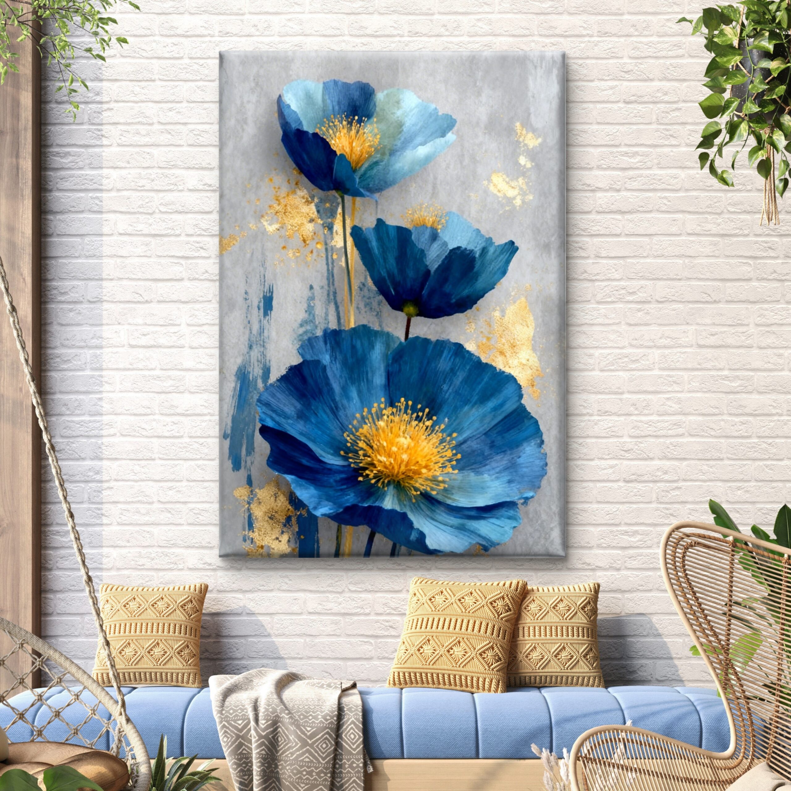 SAF Modern Blue Floral Canvas Wall Art Abstract Poppy Flower Painting Print with Gold Foil Accents Elegant Grey Botanical Decor for Living Room Bedroom Office Home Poster - Image 3