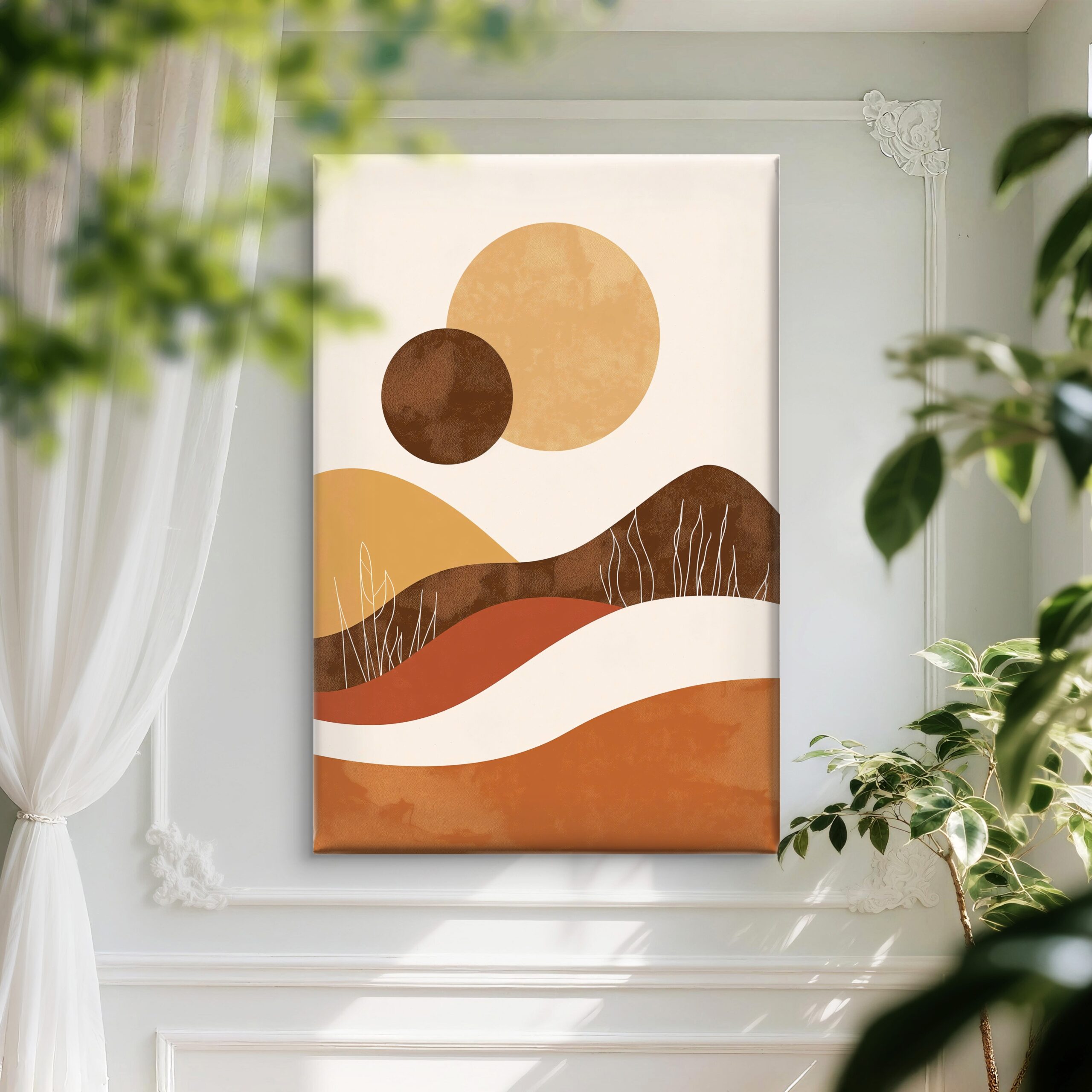 SAF Boho Minimalist Abstract Landscape Canvas Wall Art - Neutral Earth Tone Sun and Mountains Painting Print Modern Mid Century Decor for Living Room, Bedroom & Office - Image 3