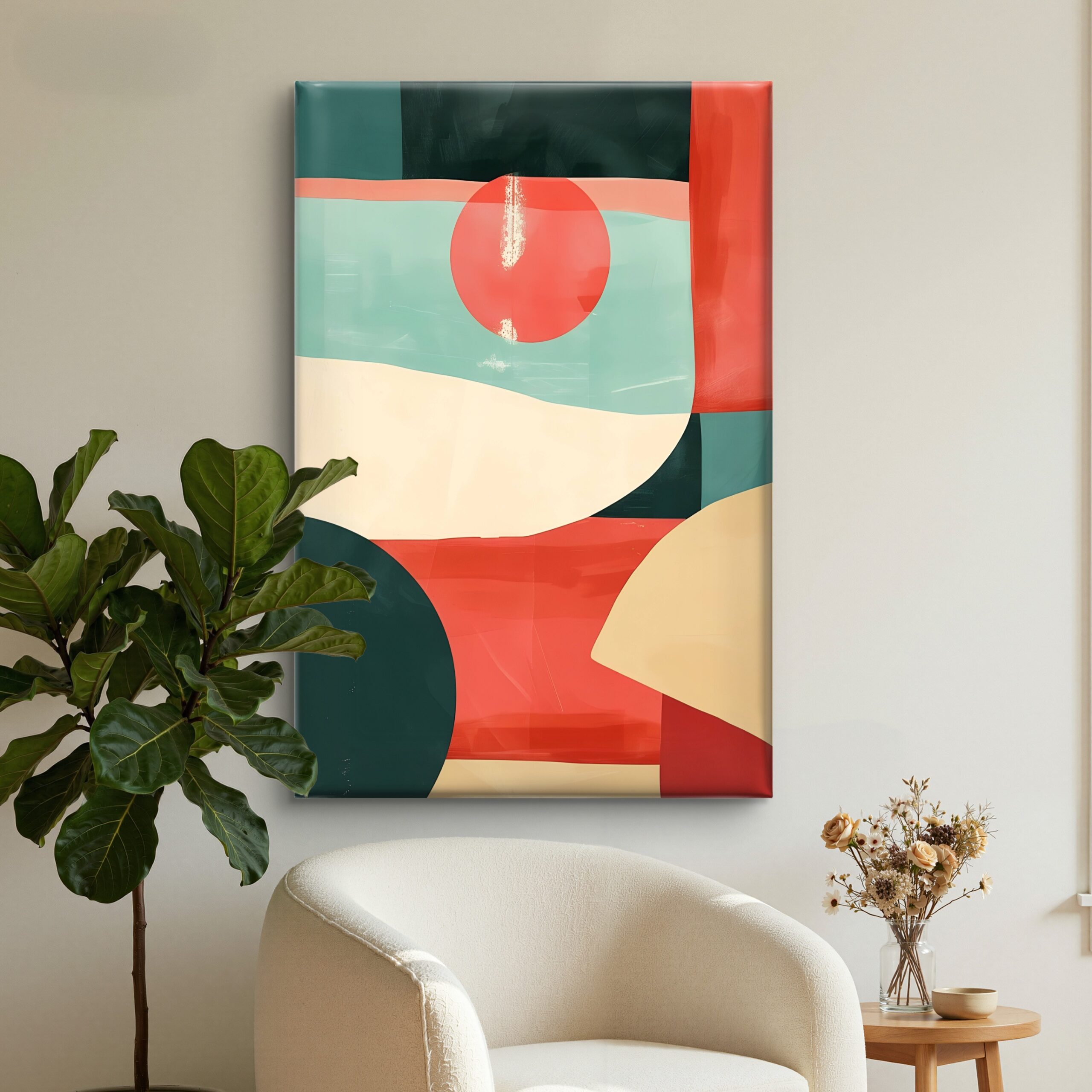 SAF Mid-Century Modern Abstract Canvas Wall Art - Bold Geometric Shapes & Red Sun Painting Print Contemporary Boho Wall Decor for Living Room, Bedroom & Home Office (Teal & Coral) - Image 3