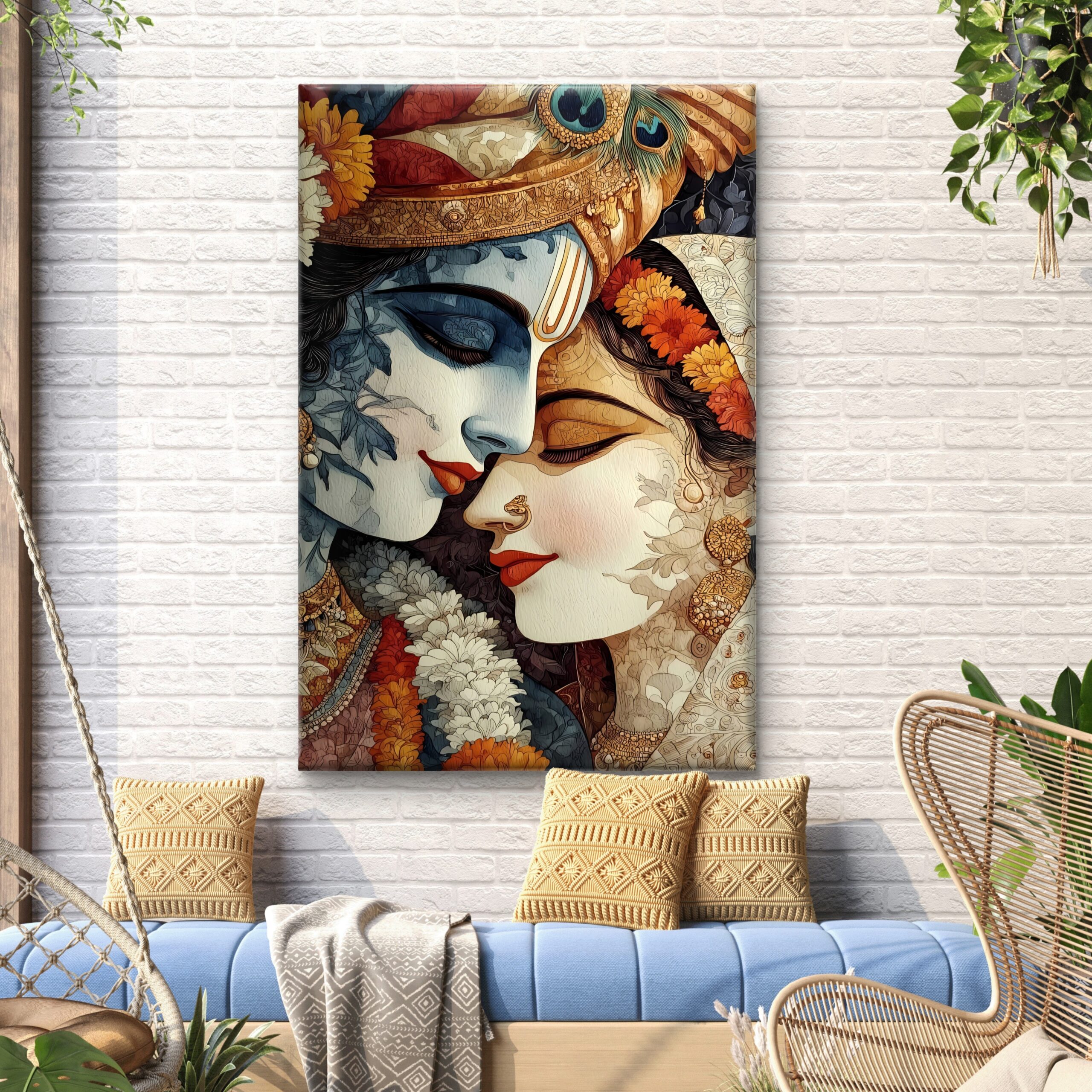 Divine Radha Krishna Floral Portrait Canvas Wall Art Print - Image 3