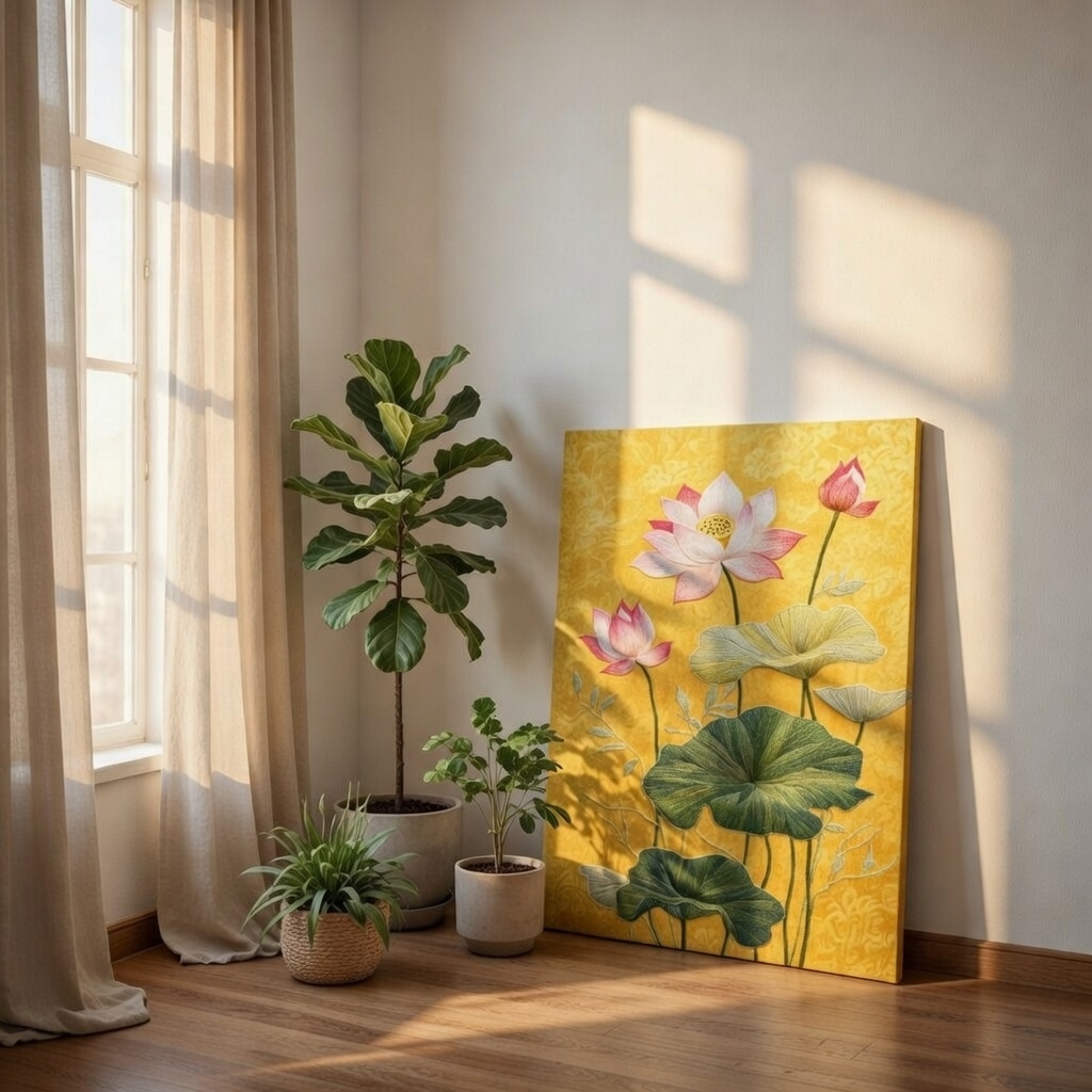 SAF Lotus Flower Canvas Painting for Home Decor | Modern Floral Wall Art with Green Leaves | HD Printed Nature Artwork for Living Room Bedroom Office Decoration - Image 3