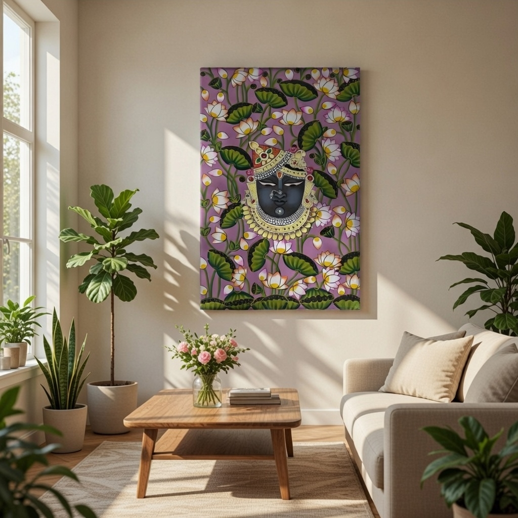 SAF Shrinathji Lotus Canvas Painting for Home Decor | Traditional Krishna Floral Wall Art with Purple Background | HD Printed Hindu God Spiritual Artwork for Living Room Temple - Image 3