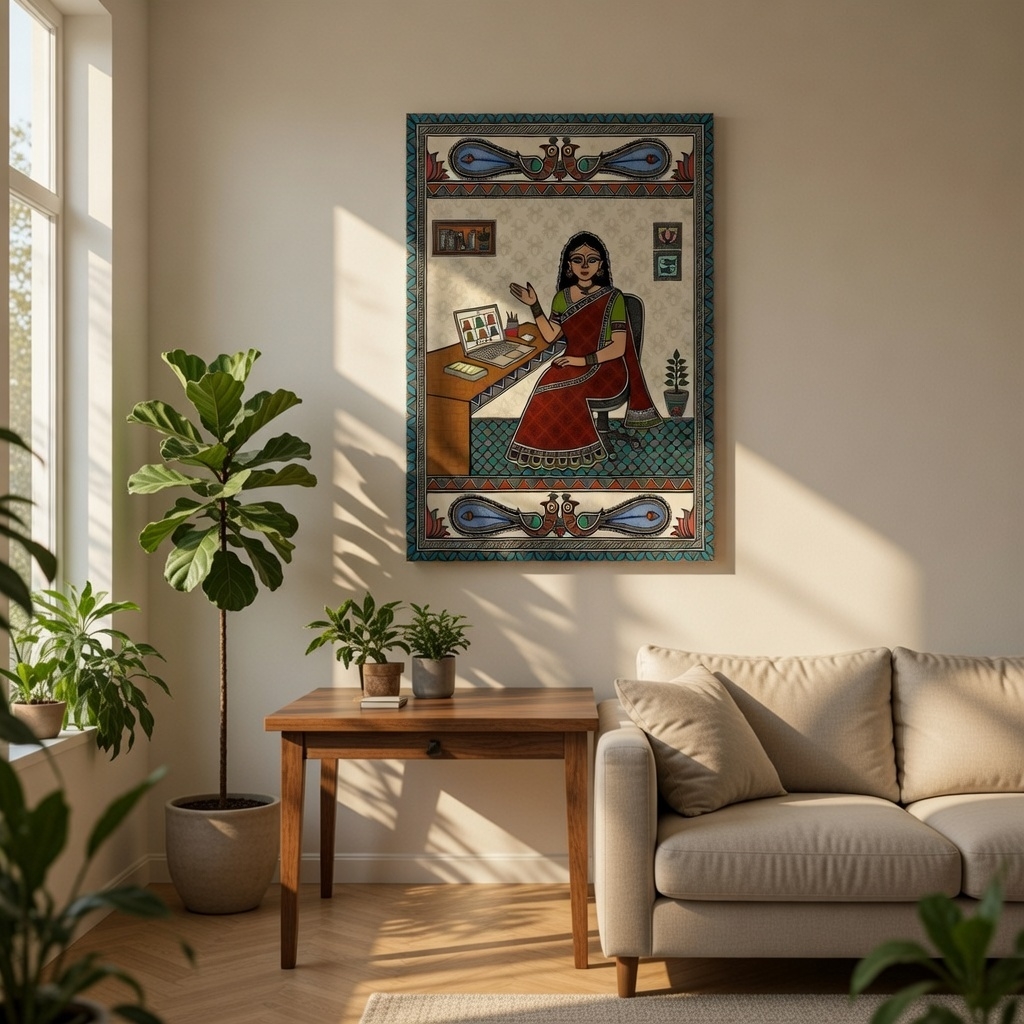 SAF Madhubani Style Woman Working Canvas Painting for Home Decor | Traditional Indian Folk Art Wall Art | HD Printed Ethnic Office Theme Artwork for Living Room Study - Image 3