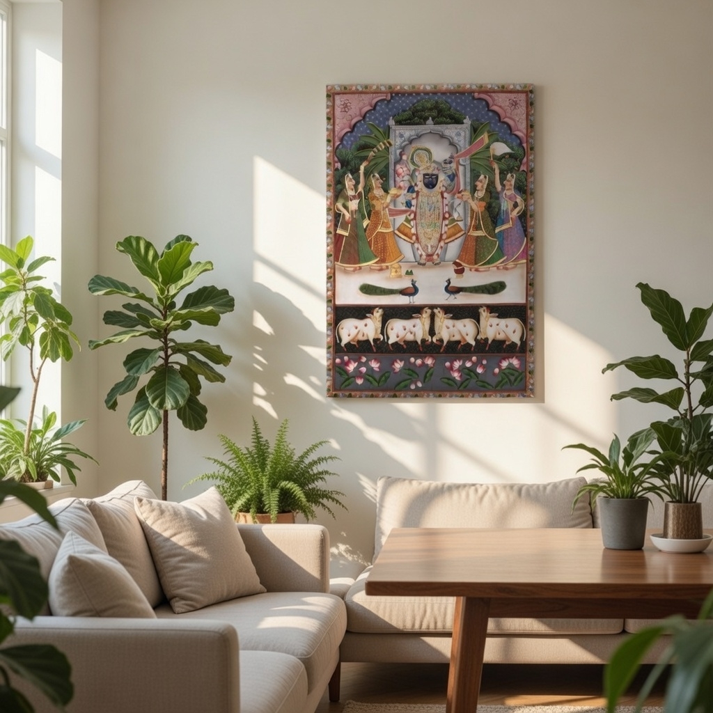 SAF Shrinathji Darbar Pichwai Canvas Painting for Home Decor | Traditional Krishna Religious Wall Art with Gopis Cows and Peacocks | HD Printed Spiritual Artwork - Image 3
