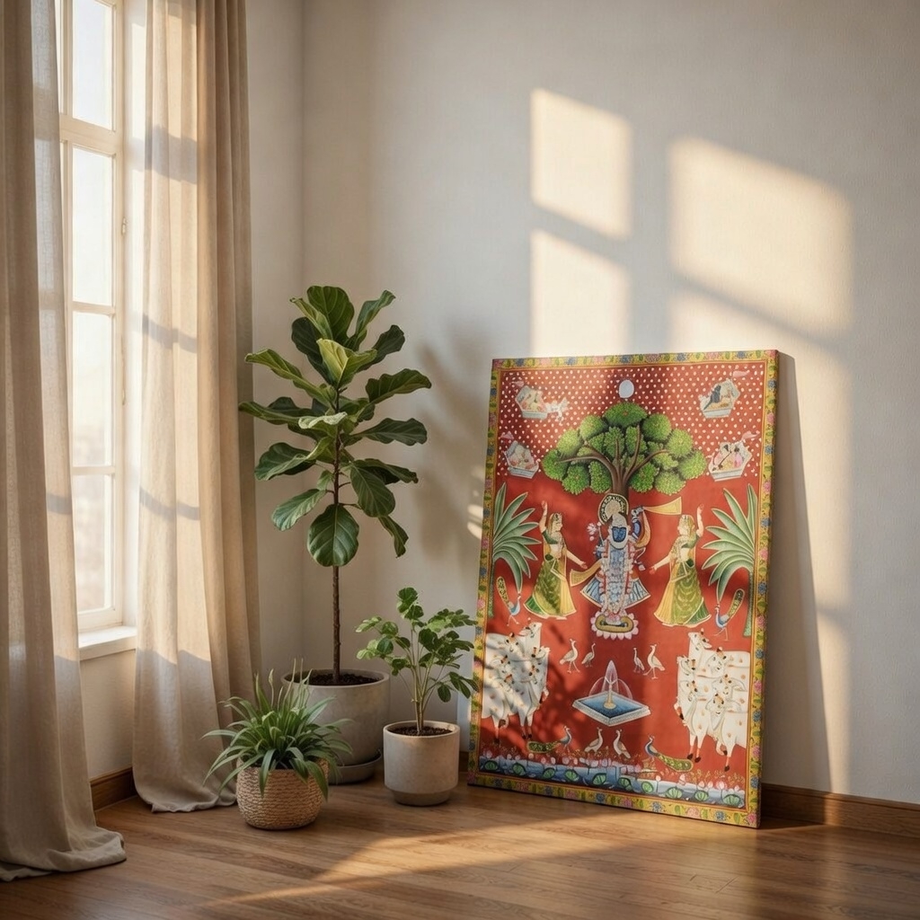 SAF Shrinathji Canvas Painting for Home Decor | Traditional Pichwai Krishna Wall Art | HD Printed Hindu God Spiritual Artwork for Living Room Temple Pooja Room - Image 3