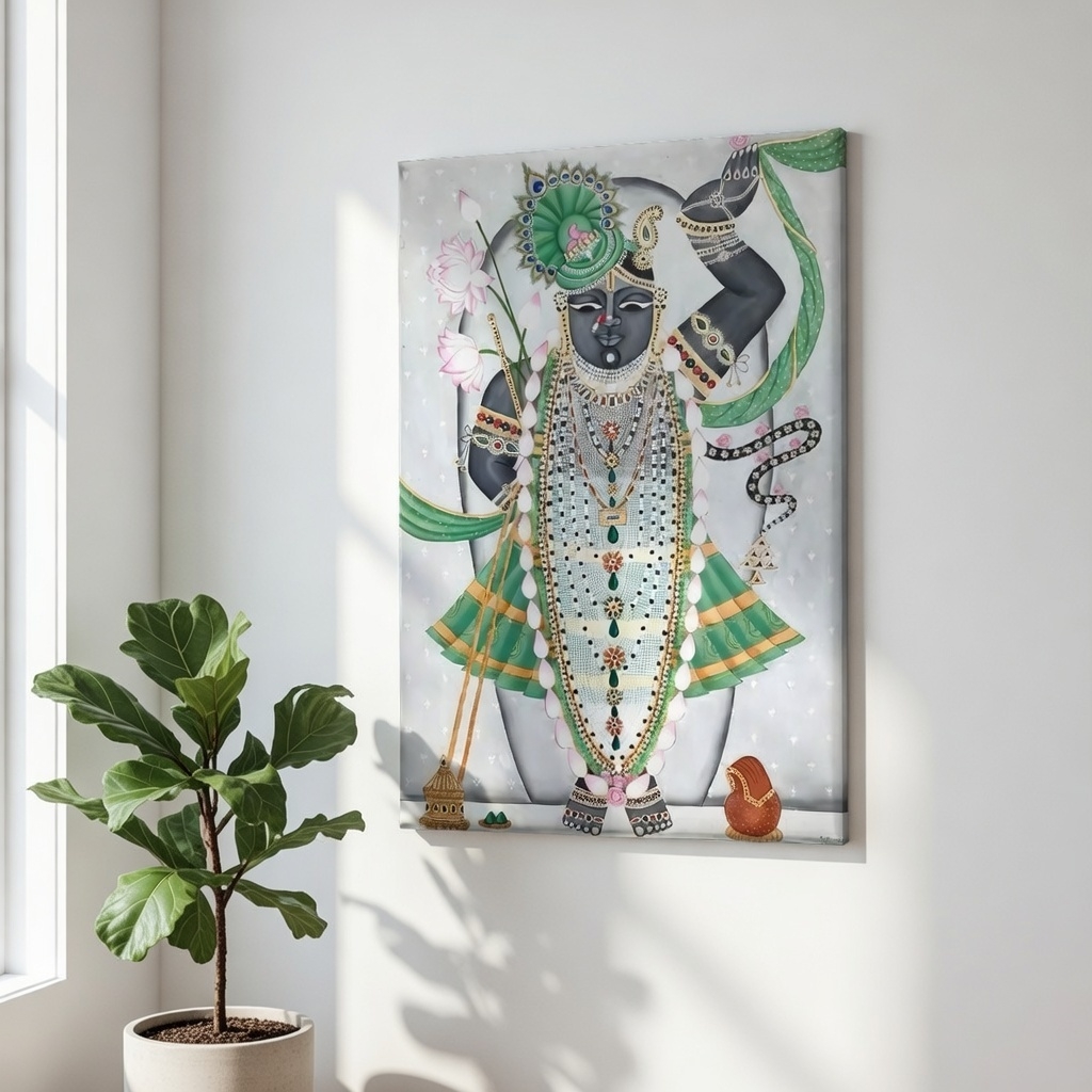 SAF Shrinathji Pichwai Canvas Painting for Home Decor | Traditional Krishna Wall Art with Green Accents | HD Printed Hindu God Spiritual Artwork for Living Room Temple - Image 3