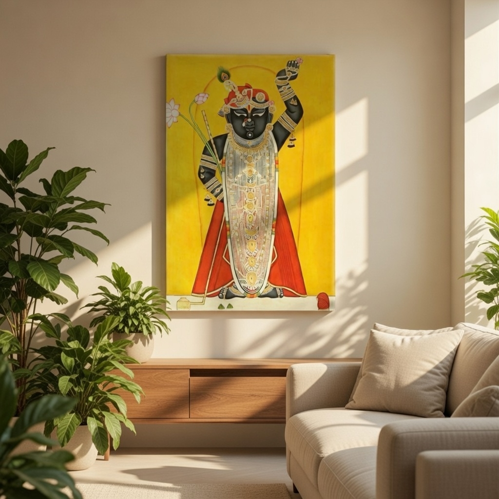 SAF Shrinathji Pichwai Canvas Painting for Home Decor | Traditional Krishna Wall Art with Yellow Background and Red Attire | HD Printed Hindu God Spiritual Artwork - Image 3