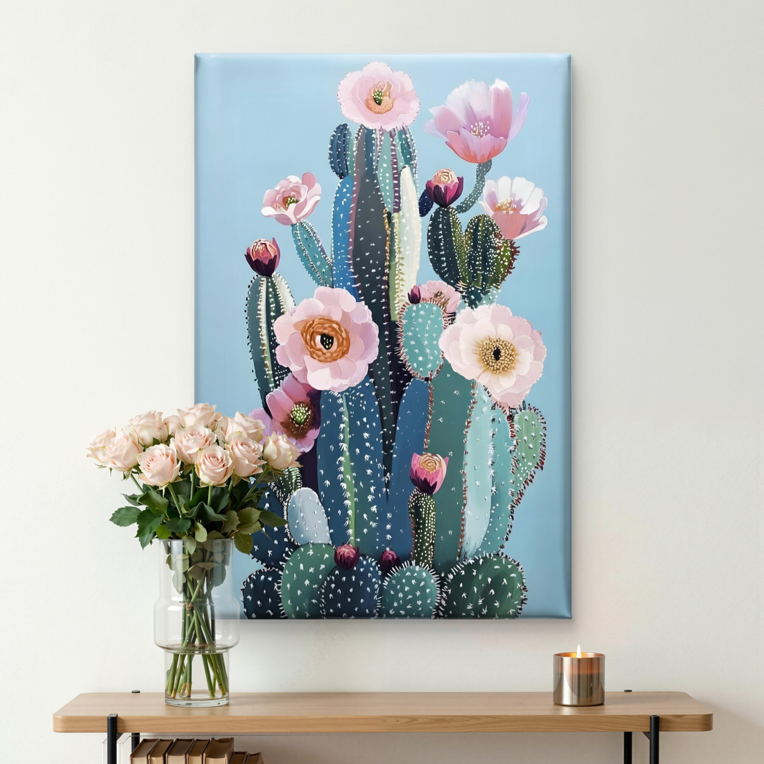 SAF Blooming Cactus Canvas Wall Art Pink Floral Desert Succulent Painting Print Modern Boho Botanical Decor for Living Room Bedroom Office Light Blue Aesthetic Poster - Image 3