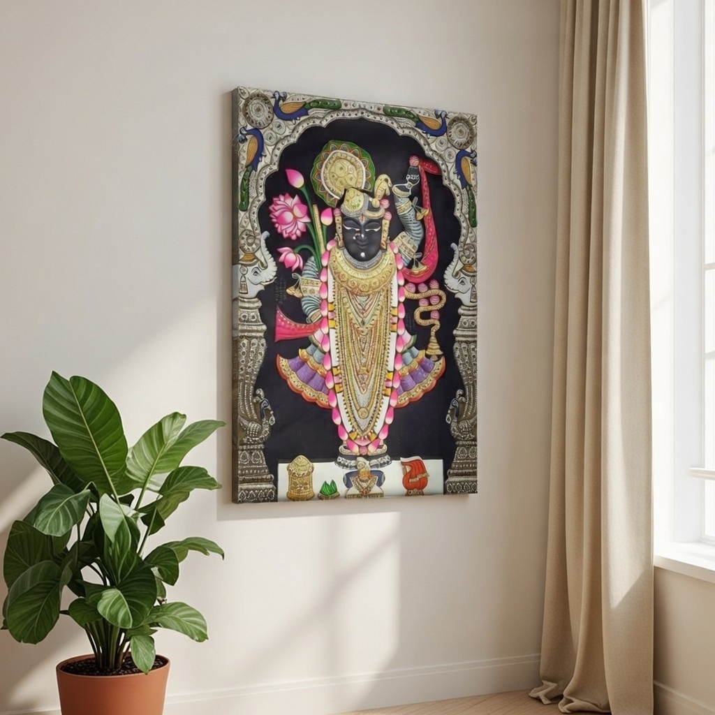 SAF Shrinathji Royal Pichwai Canvas Painting for Home Decor | Traditional Krishna Wall Art with Ornamental Arch | HD Printed Hindu God Spiritual Artwork for Living Room Temple - Image 3