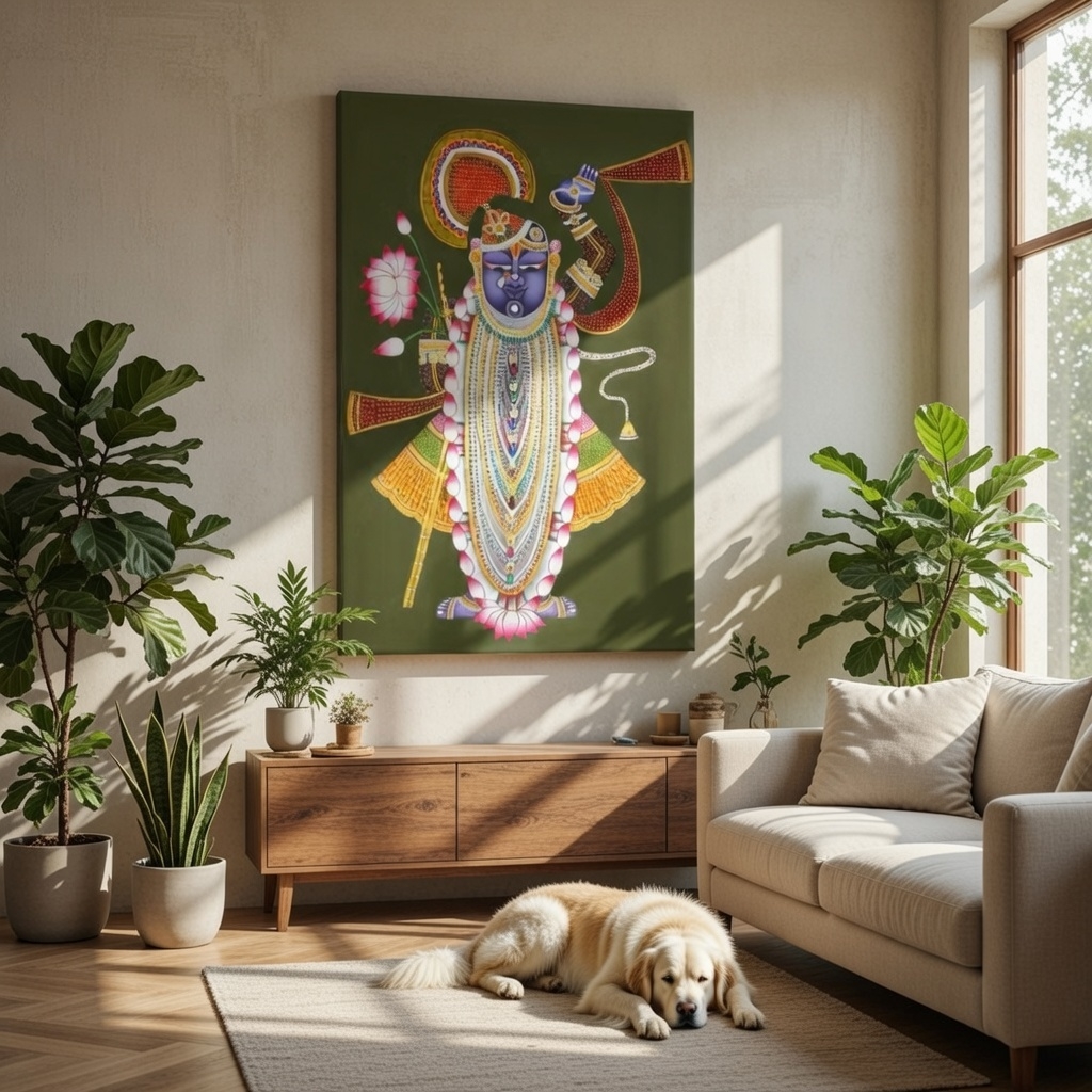 SAF Shrinathji Pichwai Canvas Painting for Home Decor | Traditional Krishna Wall Art with Olive Green Background | HD Printed Hindu God Spiritual Artwork for Living Room Temple - Image 3