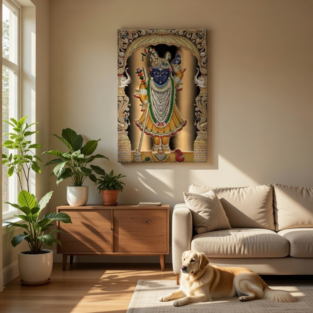 SAF Shrinathji Royal Pichwai Canvas Painting for Home Decor | Traditional Krishna Wall Art with Golden Arch Design | HD Printed Hindu God Spiritual Artwork for Living Room Temple - Image 3