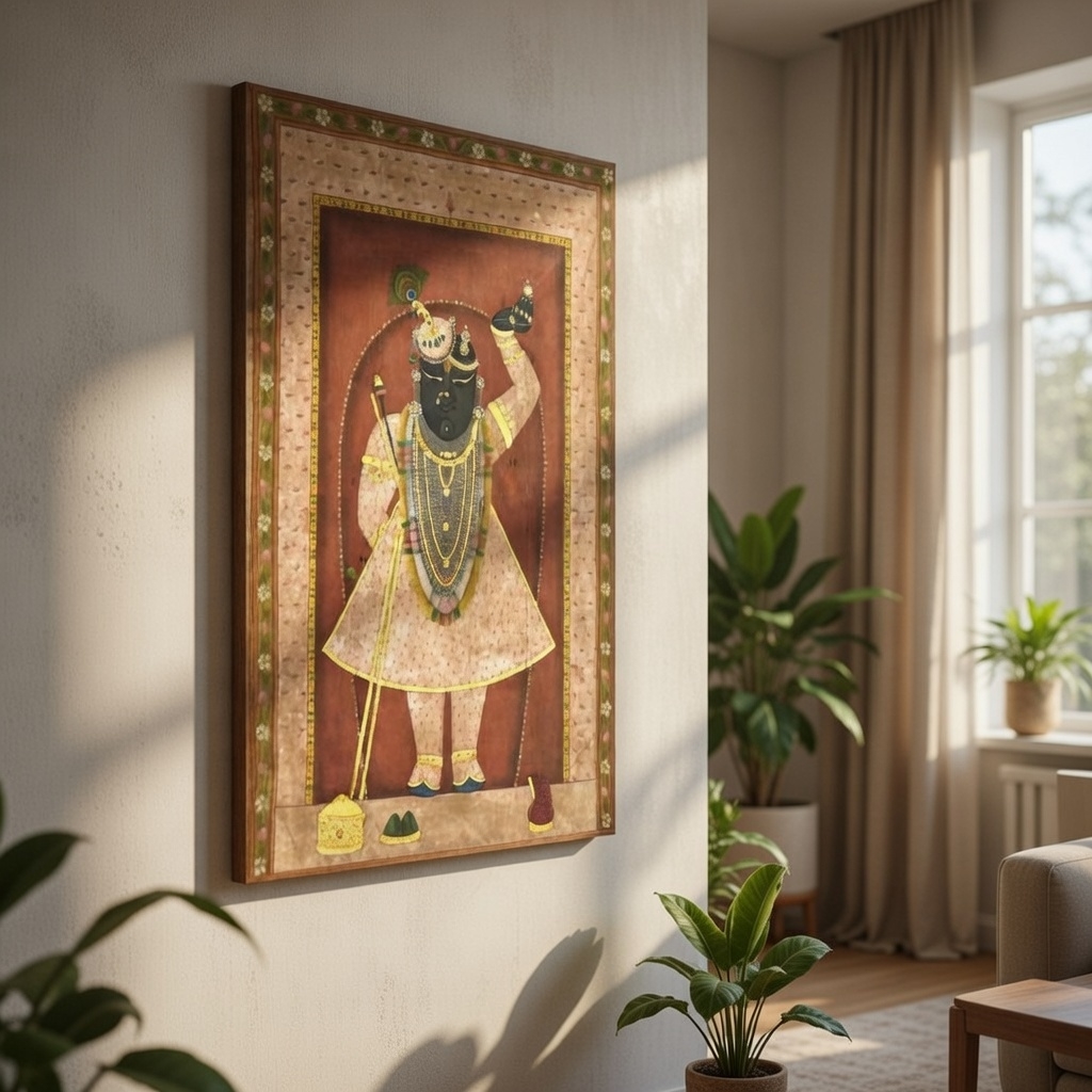 SAF Shrinathji Framed Canvas Wall Painting for Home Decor | Traditional Pichwai Style Lord Krishna Devotional Artwork | HD Printed Spiritual Wall Art for Living Room Pooja Room Office
