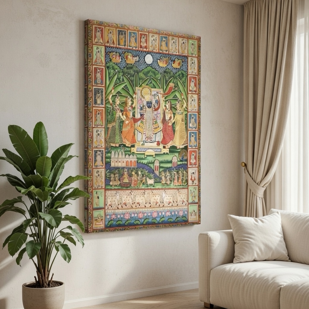 Shrinathji with Gopis Canvas Painting Devotional Wall Art - Image 3