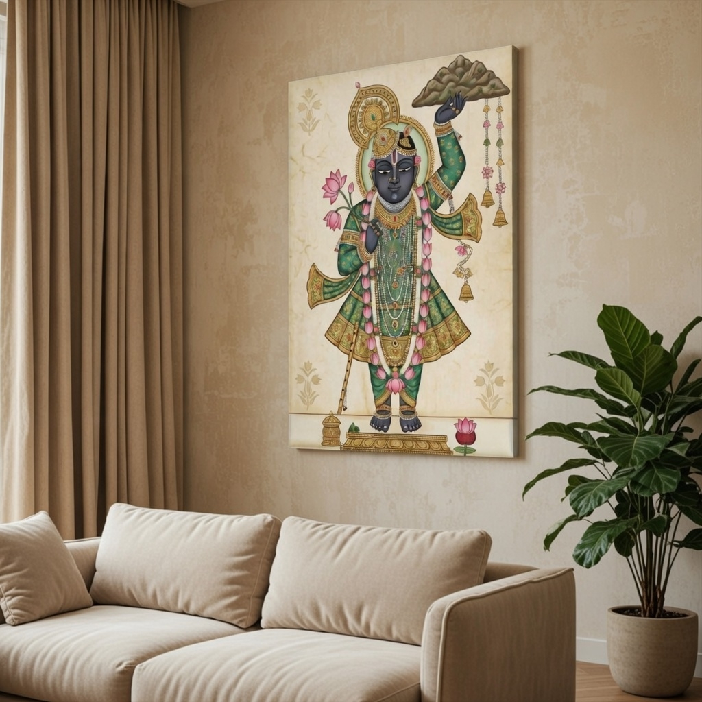 SAF Shrinathji Govardhan Leela Canvas Wall Painting for Home Decor | Lord Krishna Holding Govardhan Hill Pichwai Style Devotional Artwork | HD Spiritual Wall Art for Living Room Pooja Room - Image 3