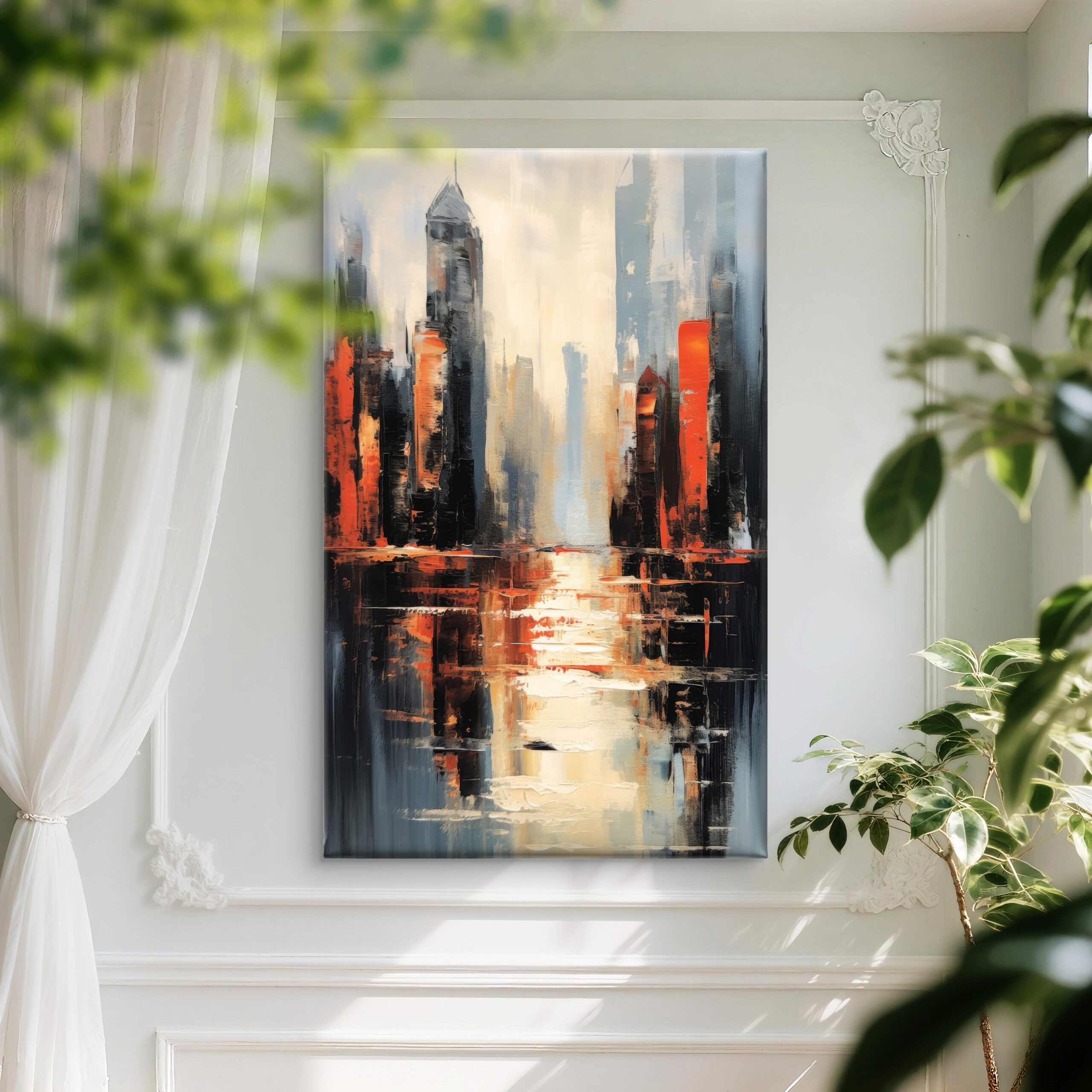 SAF Abstract City Skyline Canvas Wall Art Modern Urban Landscape Oil Painting Print Vibrant Orange & Grey Skyscraper Reflection Decor for Living Room Bedroom Office - Image 3