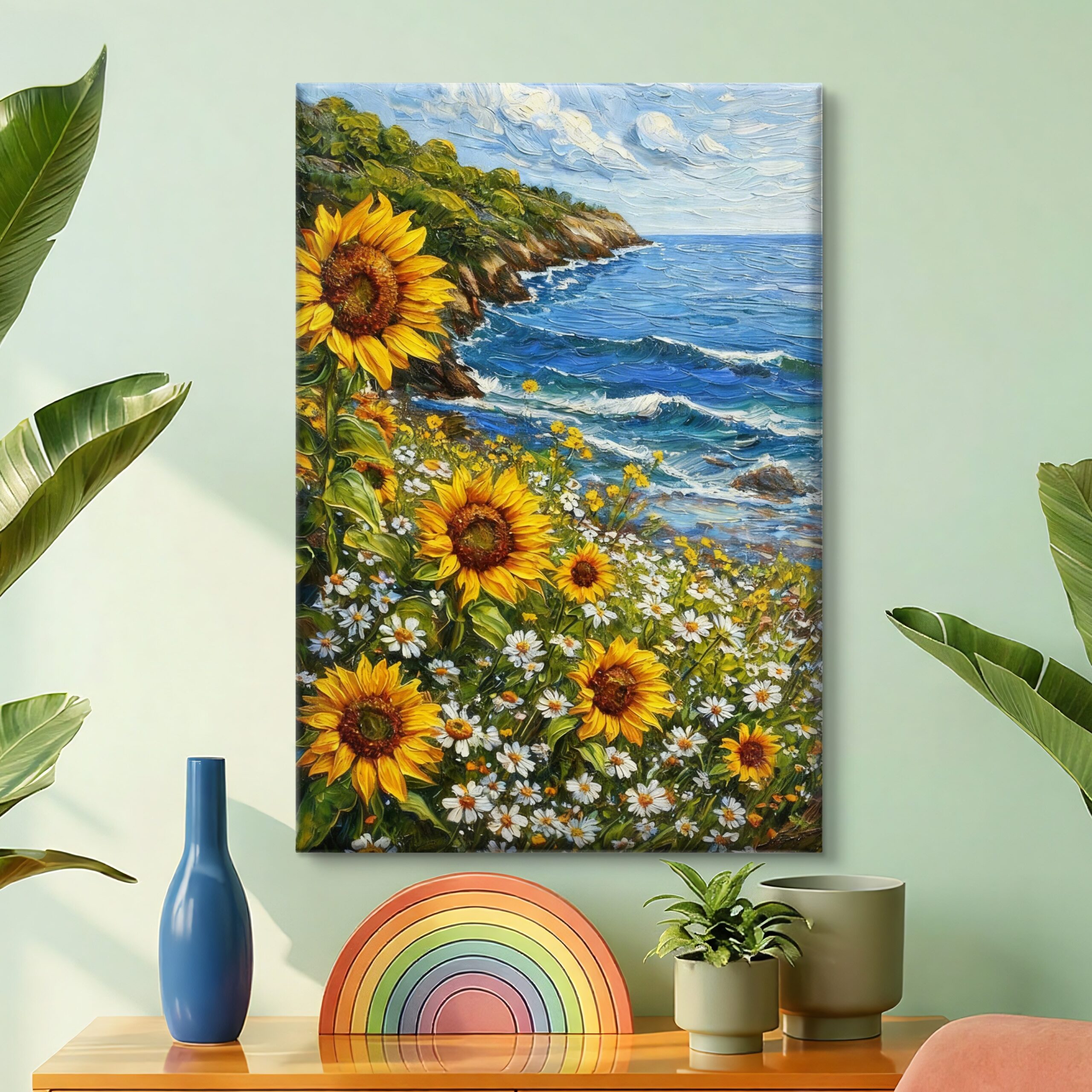 Sunflower & Ocean Coastal Landscape Textured Canvas Wall Art - Image 3