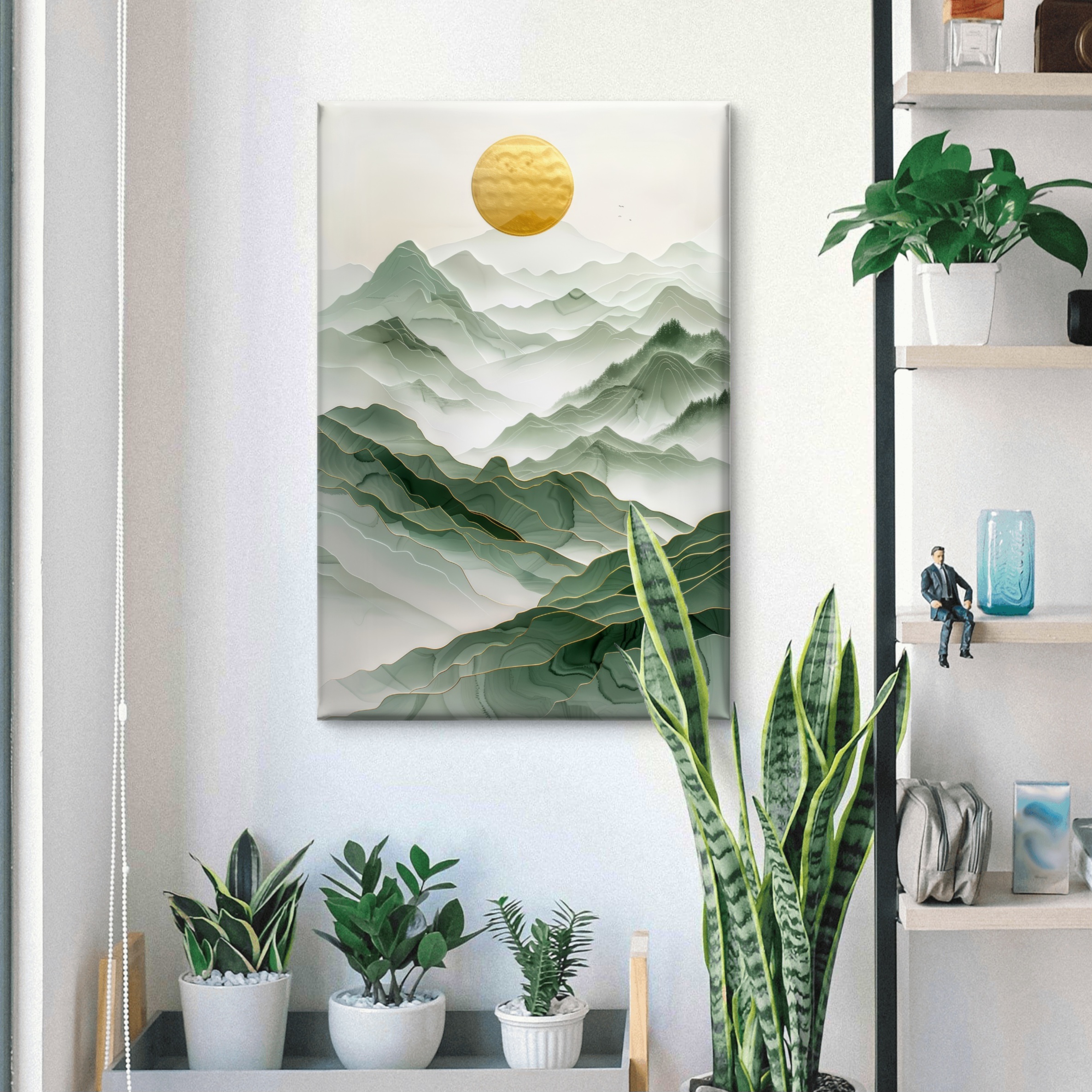 SAF Abstract Green Mountain Canvas Wall Art Modern Gold Sun Landscape Fluid Painting Print Serene Nature Decor for Living Room Bedroom Office Minimalist Aesthetic Poster - Image 3