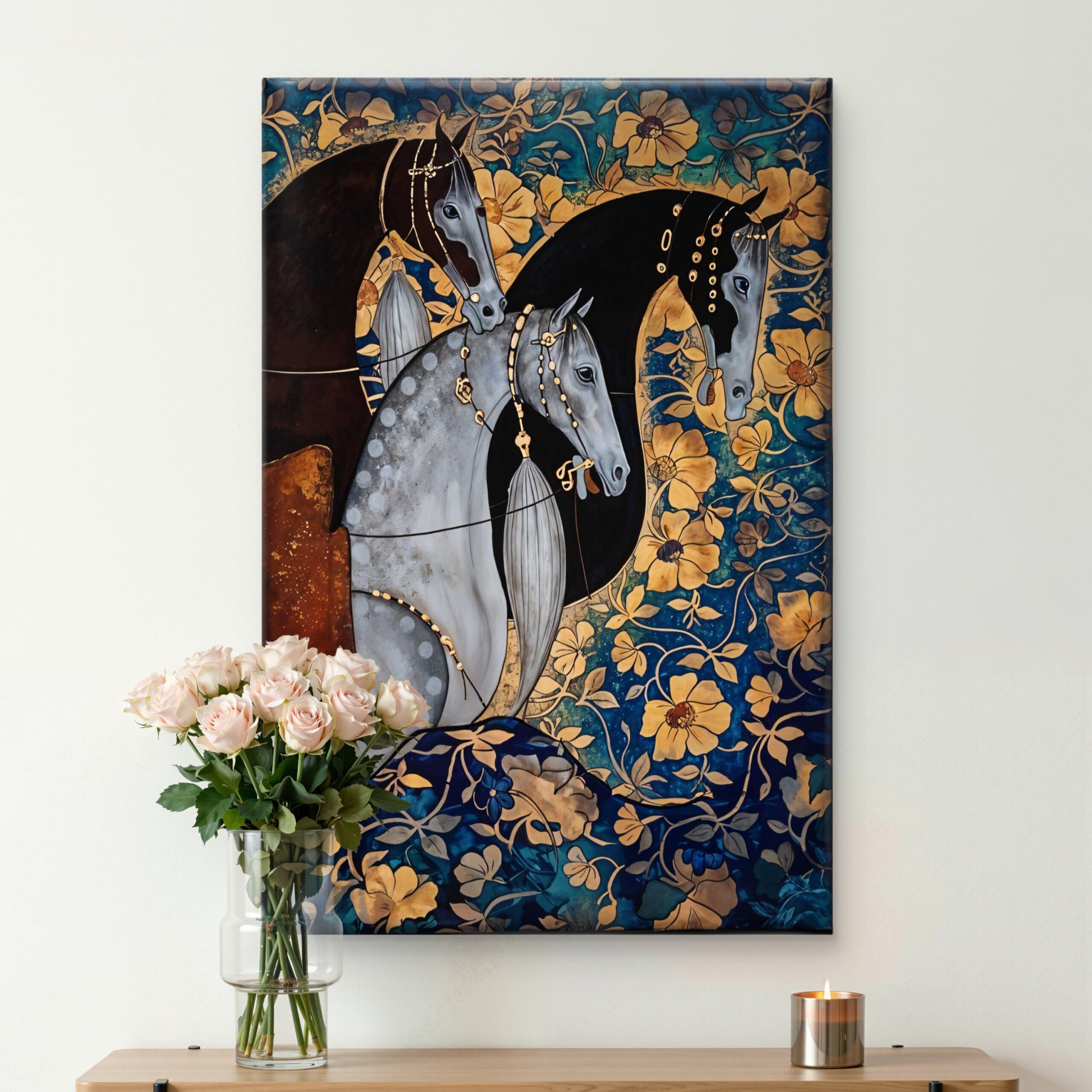 Royal Majestic Horses & Gold Floral Canvas Wall Art Print - Image 3