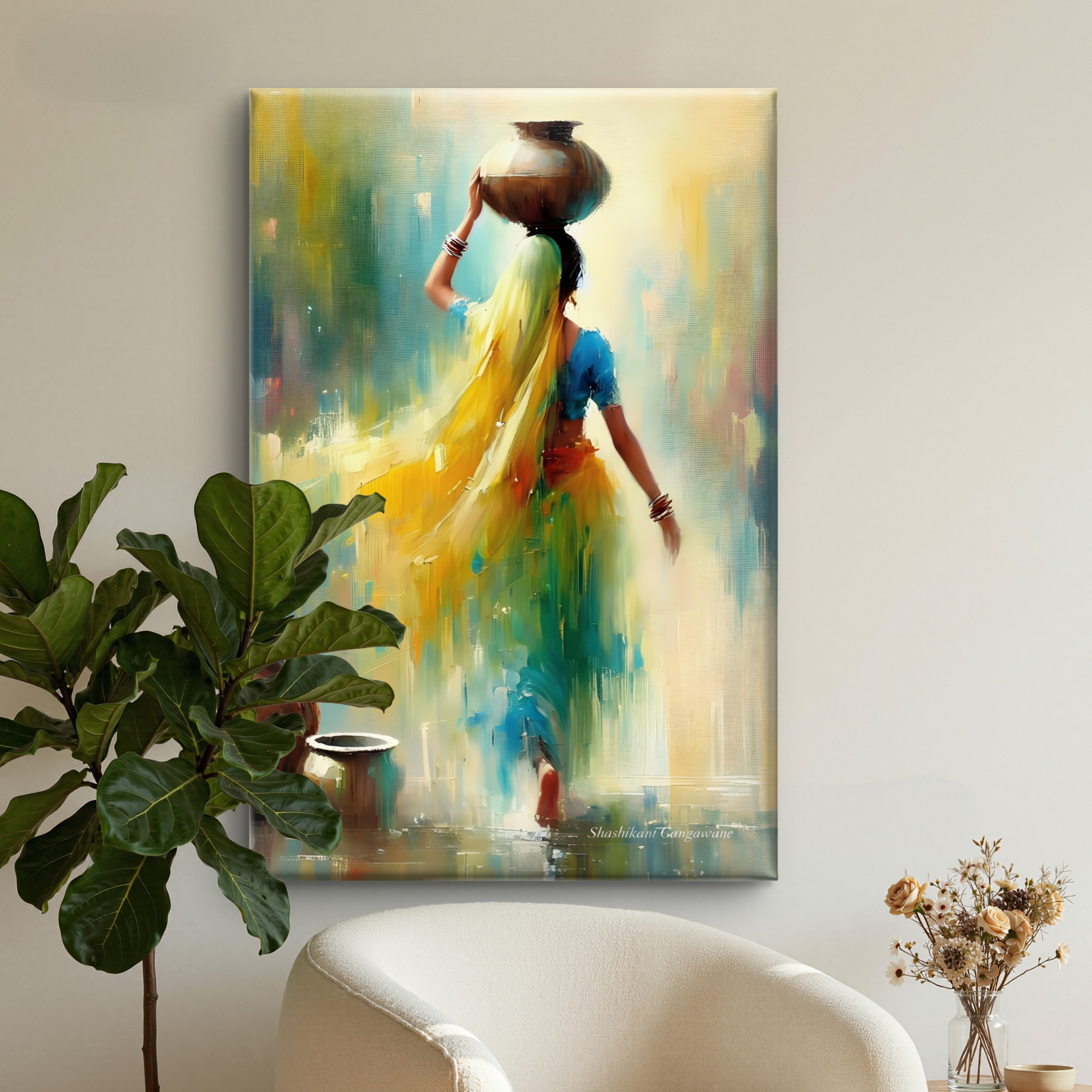 SAF Abstract Indian Woman with Pot Canvas Wall Art Traditional Rural Village Painting Print Textured Ethnic Decor for Living Room Bedroom Office Vibrant Yellow Blue - Image 3