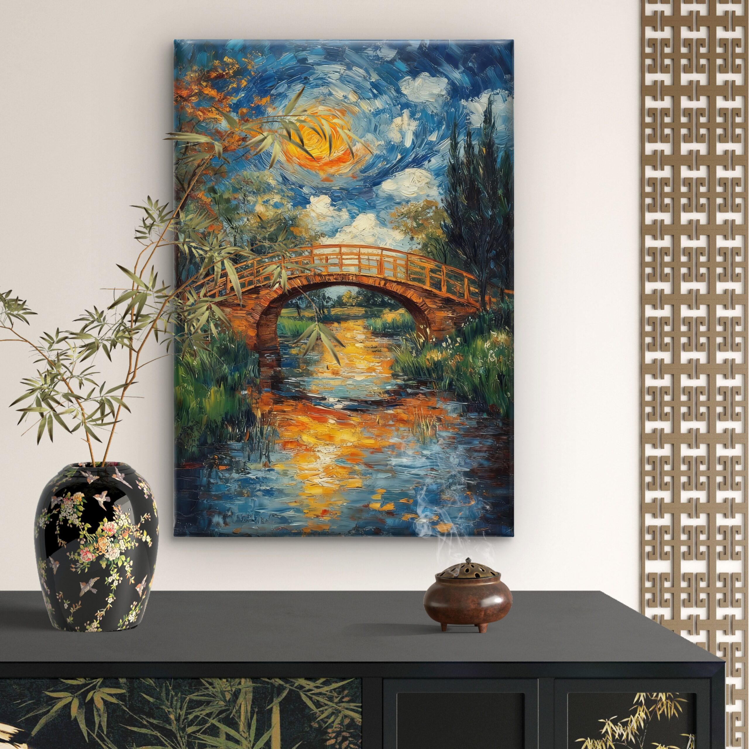 SAF Impressionist Bridge and River Canvas Wall Art Swirling Sky Landscape Oil Painting Print Textured Nature Decor for Living Room Bedroom Office Vintage Scenery Poster - Image 3
