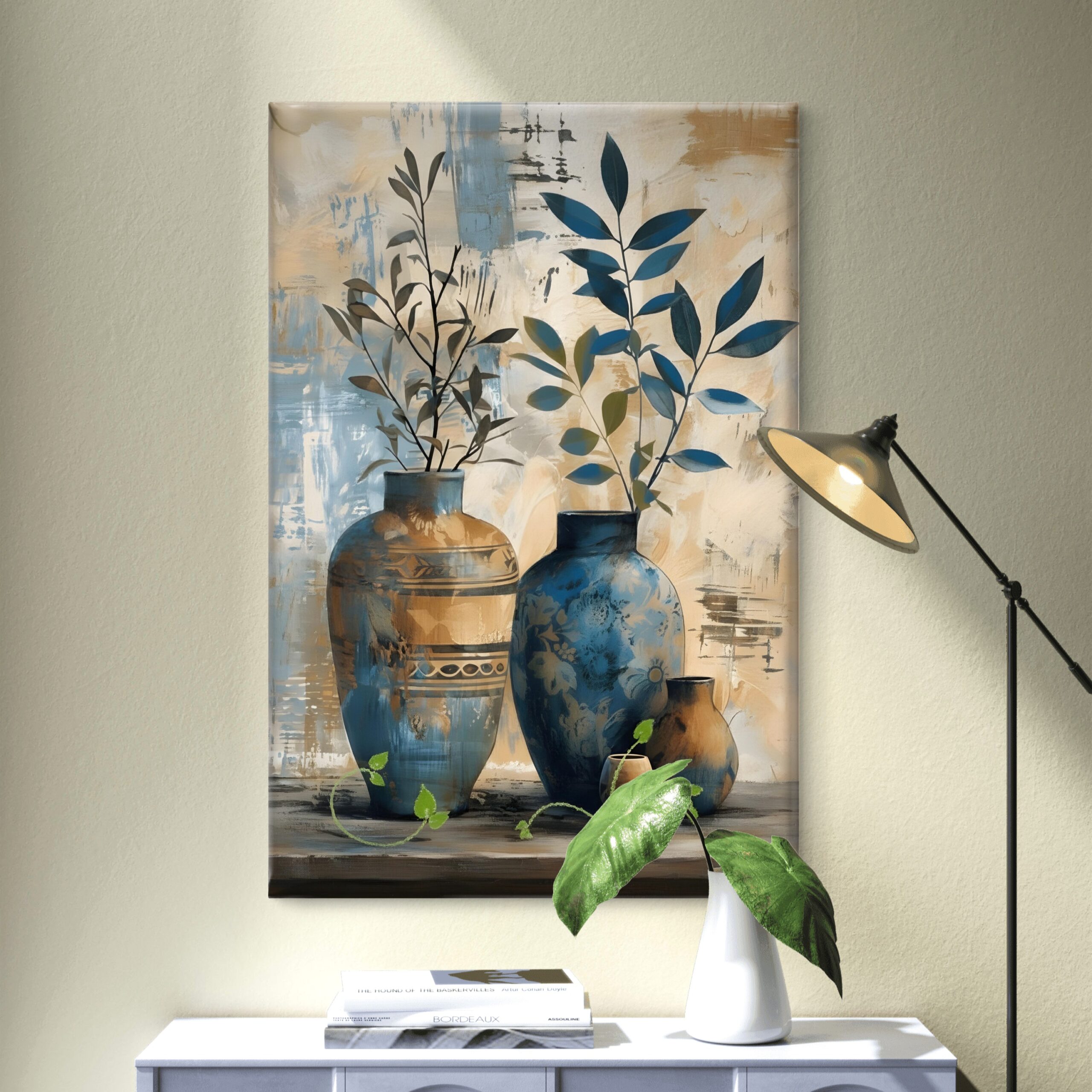 SAF Abstract Blue and Beige Vase Canvas Wall Art Rustic Still Life Botanical Painting Print Boho Floral Decor for Living Room Bedroom Office Contemporary Poster - Image 3