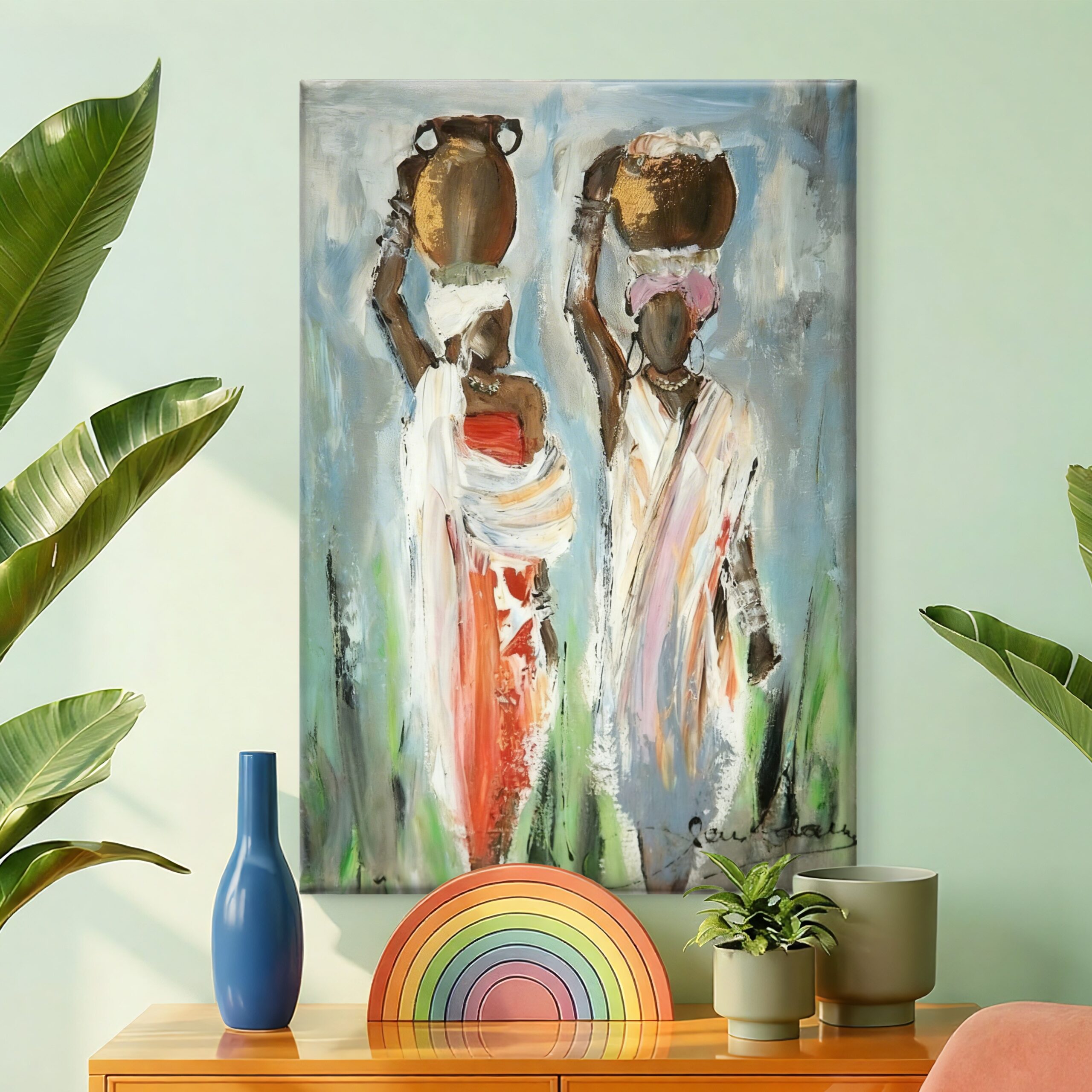 SAF Abstract Indian Village Women Carrying Pots Canvas Wall Art Traditional Rural Folk Painting Print Textured Oil Style Ethnic Decor for Living Room Bedroom Office - Image 3