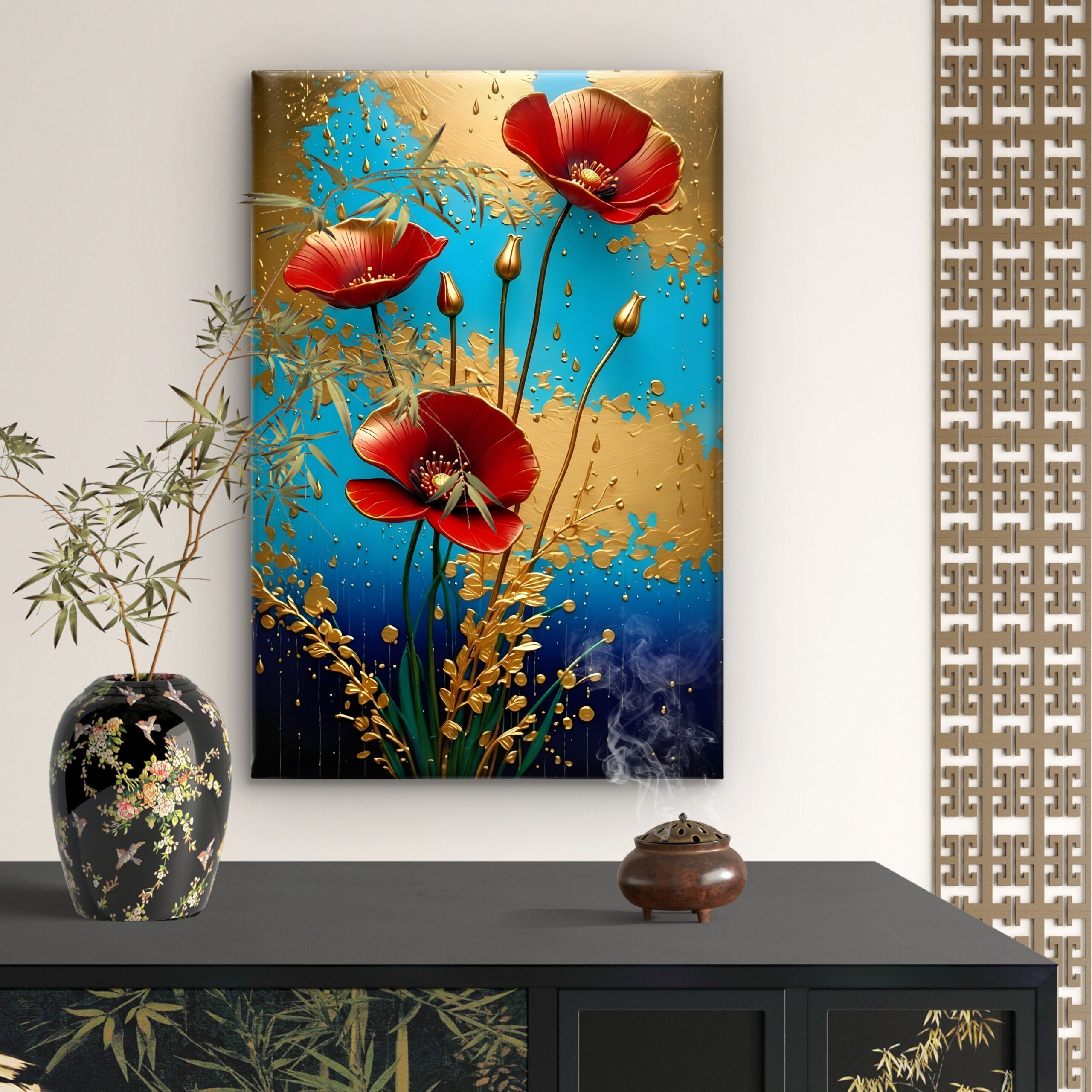 SAF Elegant Red Poppy Canvas Wall Art 3D Gold Floral Abstract Painting Print Luxury Teal Blue Botanical Decor for Living Room Bedroom Office Modern Poster - Image 3