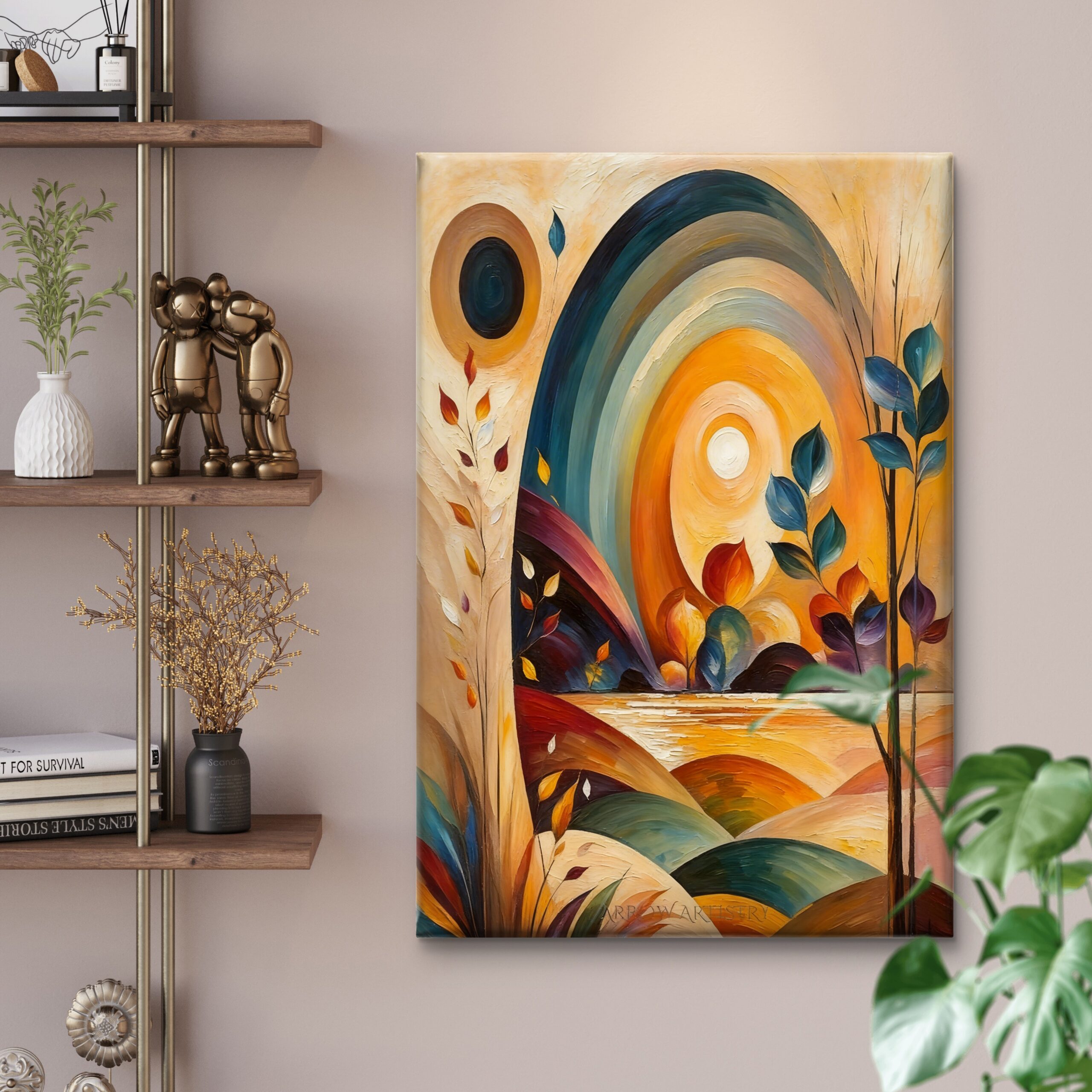 SAF Textured Abstract Landscape Canvas Wall Art Boho Sun and Moon Oil Painting Print Mid Century Modern Botanical Wall Decor for Living Room Bedroom Office - Image 3
