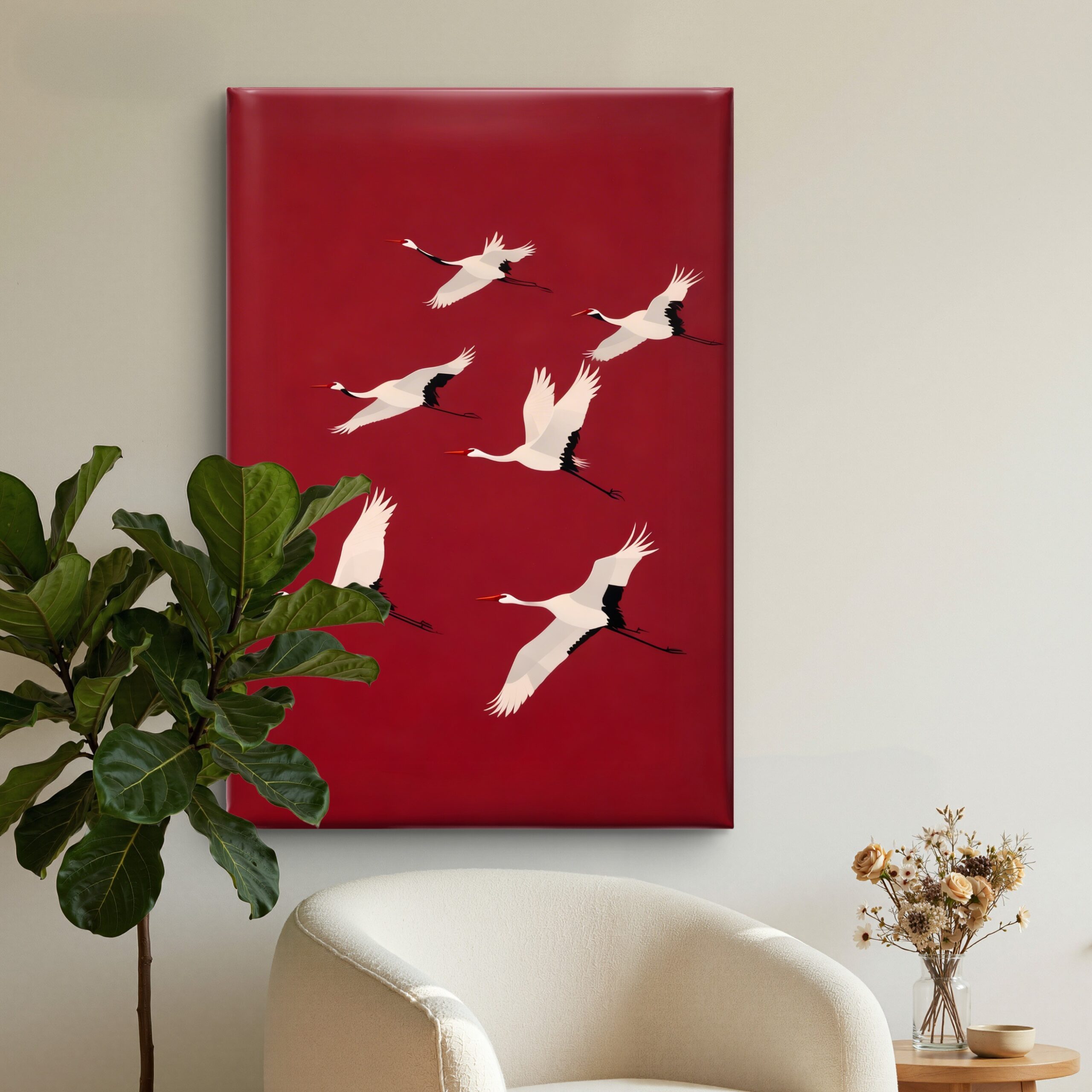 Japanese Flying Cranes Deep Red Minimalist Canvas Wall Art Print - Image 3