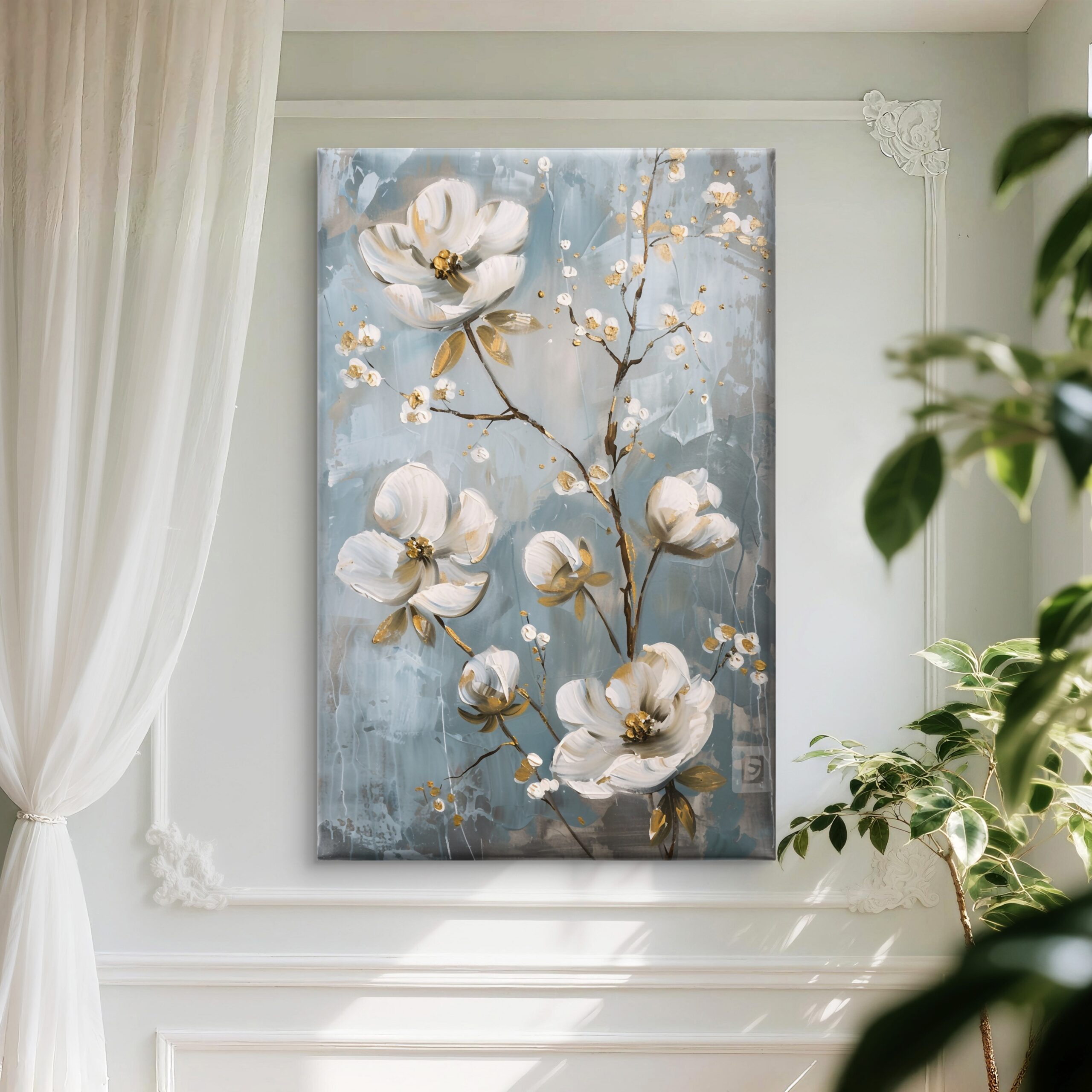 SAF Elegant White Magnolia Floral Canvas Wall Art 3D Textured Abstract Oil Painting Print Blue Grey Gold Decor for Living Room Bedroom Office Botanical Poster - Image 3