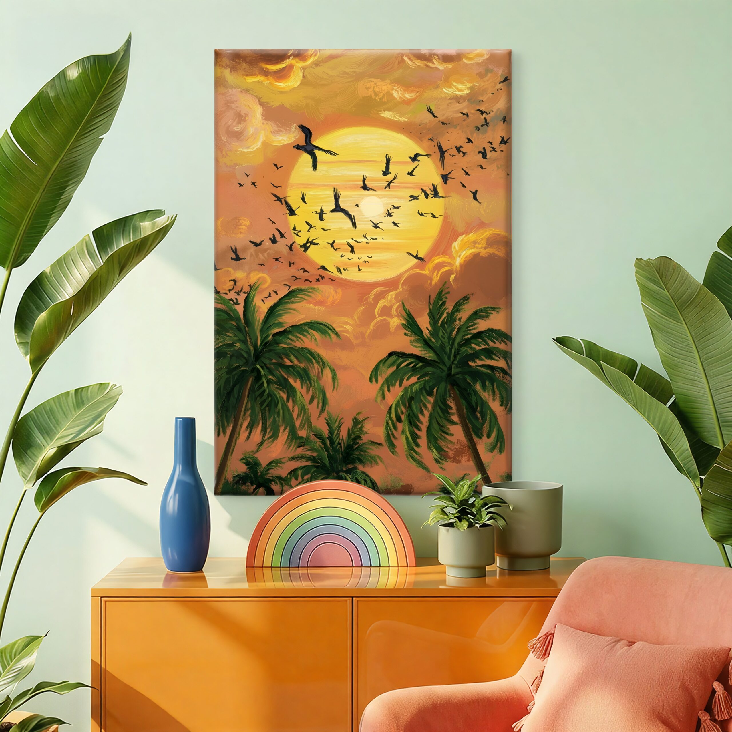 SAF Tropical Sunset Canvas Wall Art Palm Tree Landscape Painting Print Flying Birds Orange Sun Coastal Beach Decor for Living Room Bedroom Office Nature Poster - Image 3