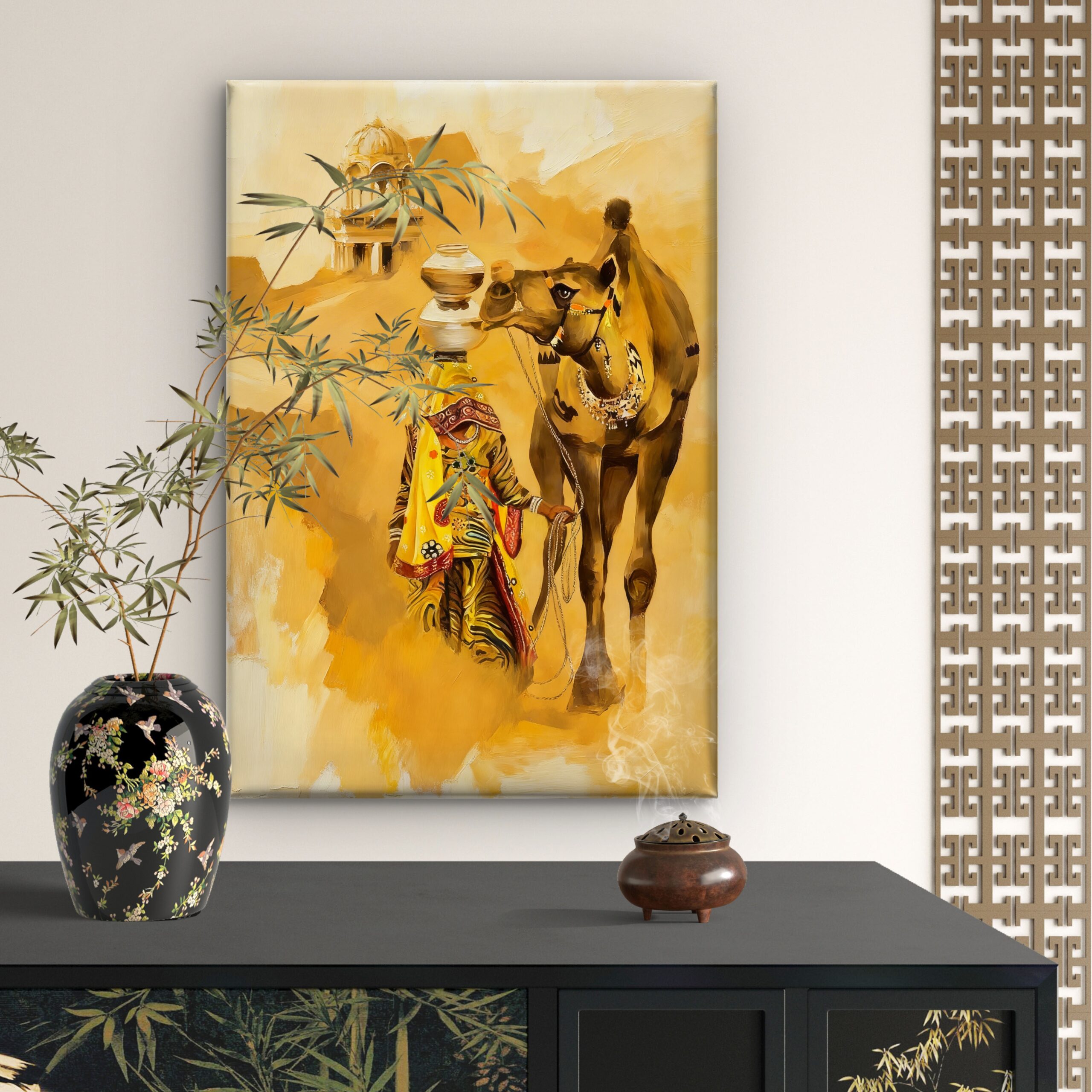 SAF Traditional Rajasthani Desert Canvas Wall Art Indian Woman with Camel Oil Painting Print Ethnic Heritage Decor for Living Room Bedroom Office Warm Yellow Aesthetic - Image 3