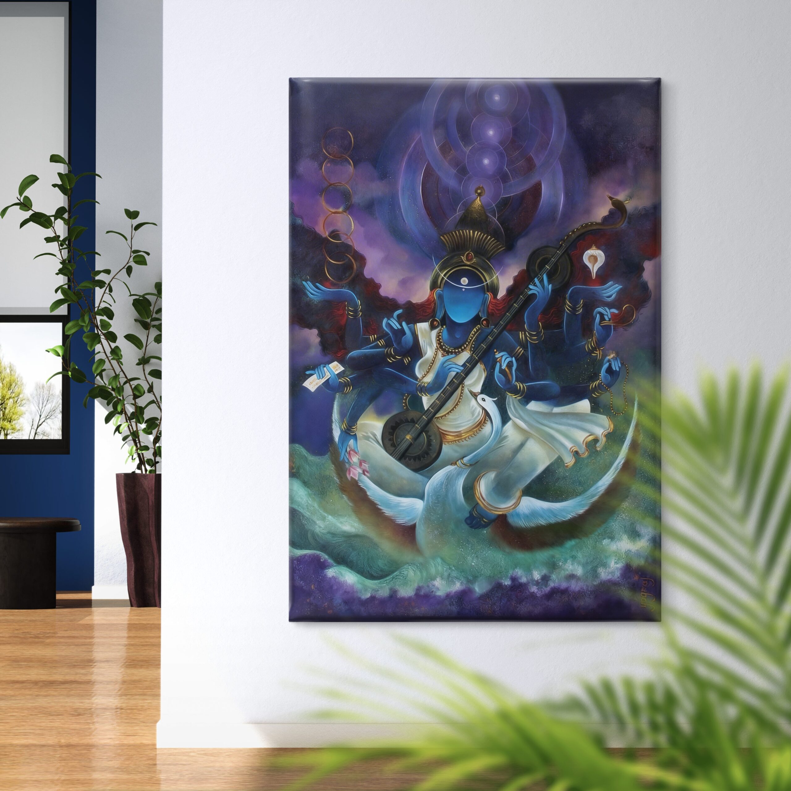 SAF Abstract Cosmic Goddess Saraswati Canvas Wall Art Spiritual Hindu Deity Playing Veena Painting Print Modern Zen Puja Room Decor for Living Room Bedroom Office - Image 3