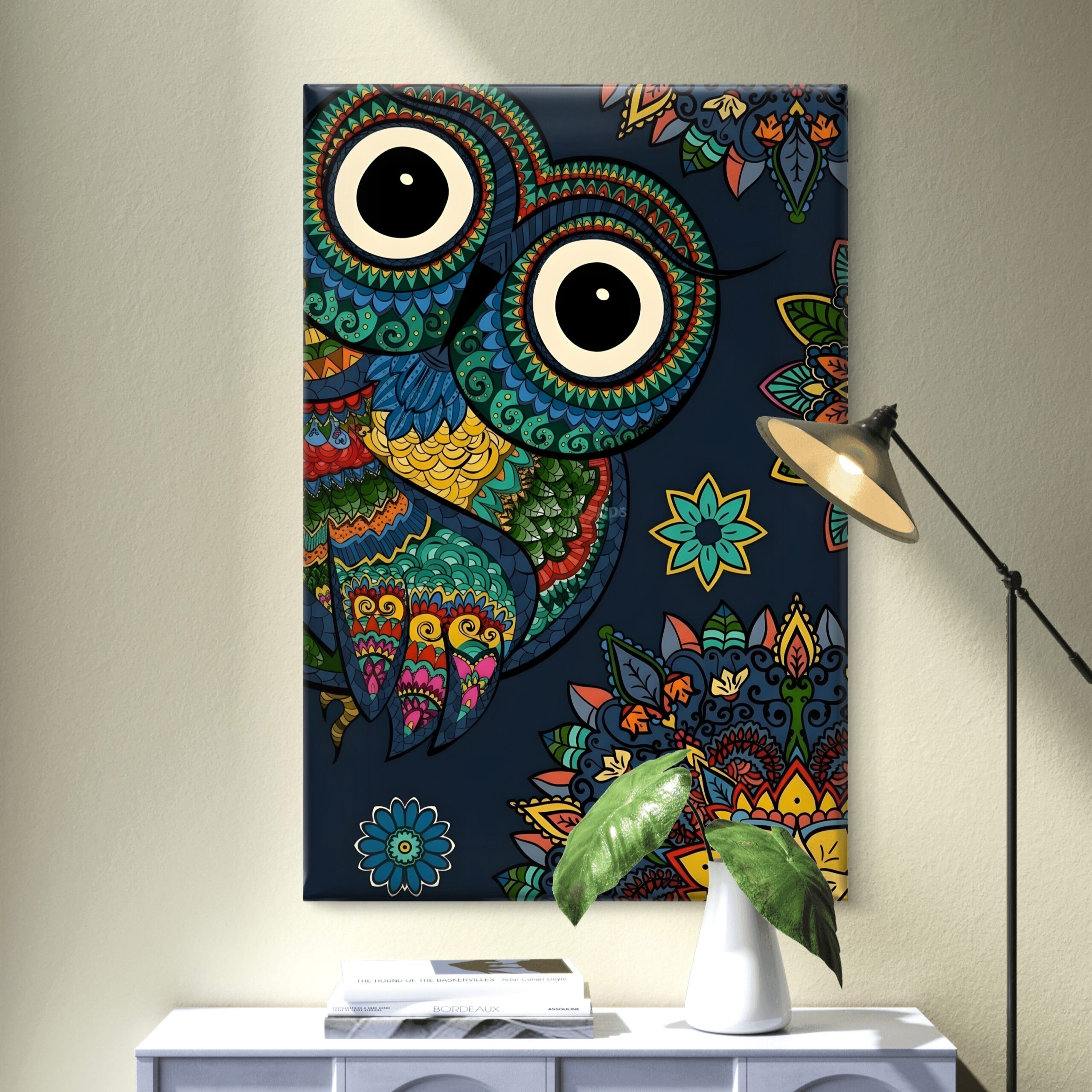 SAF Colorful Mandala Owl Canvas Wall Art Boho Abstract Animal Painting Print Intricate Floral Zentangle Decor for Kids Room Bedroom Living Area Vibrant Navy Blue Poster - Image 3